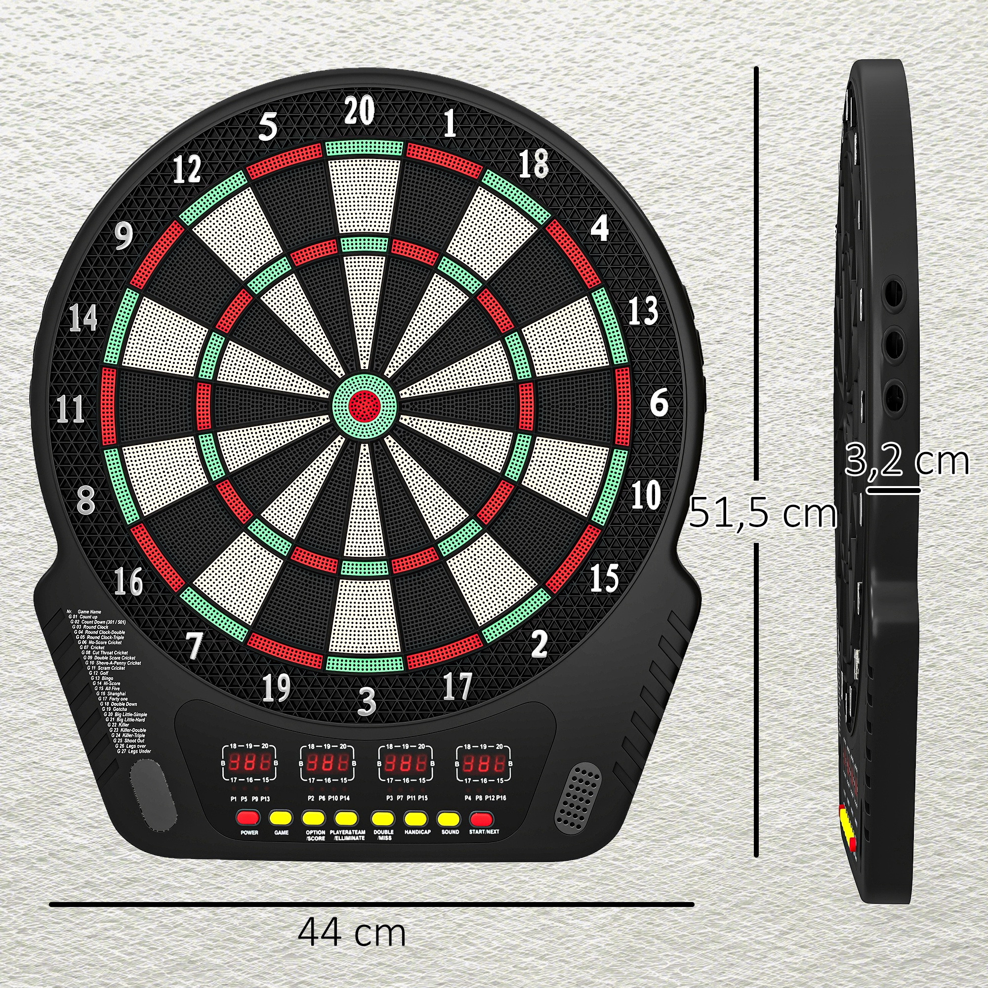 elektronische Dartscheibe Dartboard Dart-set mit LED Anzeige mit automatischer Wertung Soundeffekte 6 Darts 24 Dartköpfe 27 Spiele und 243 Trefferoptionen für 16 Spieler 44 x 51,5 x 3,2 cm