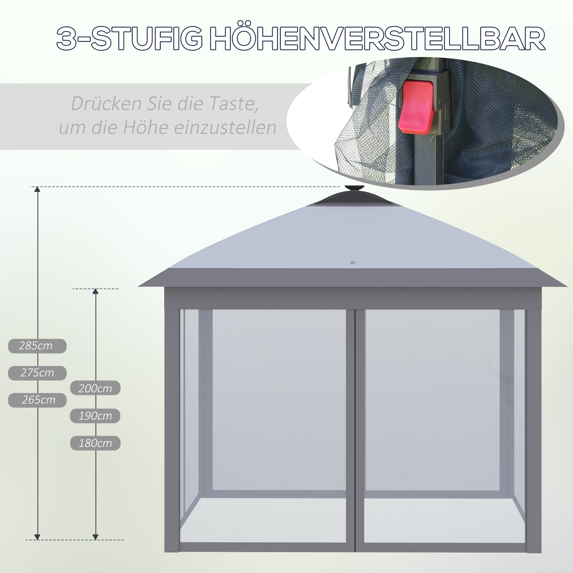 3,3 x 3,3 m Faltpavillon mit LED-Beleuchtung, Meshvorhänge, Tragetasche, Grau