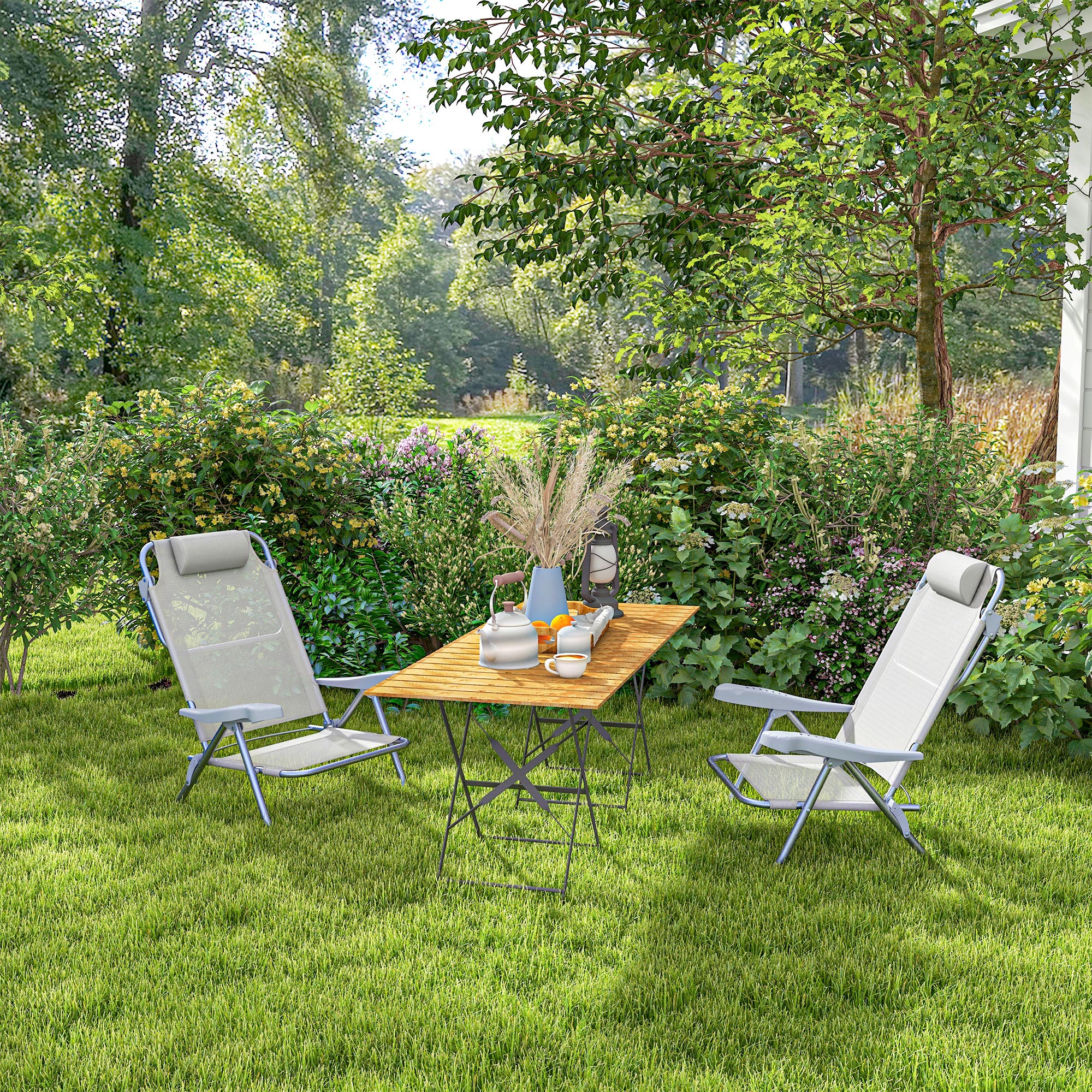 2er Set Campingstühle klappbar Campingstuhl mit 6-fach verstellbarer Netzrückenlehne Kopfstütze 62 x 65 x 80 cm Hellgrau