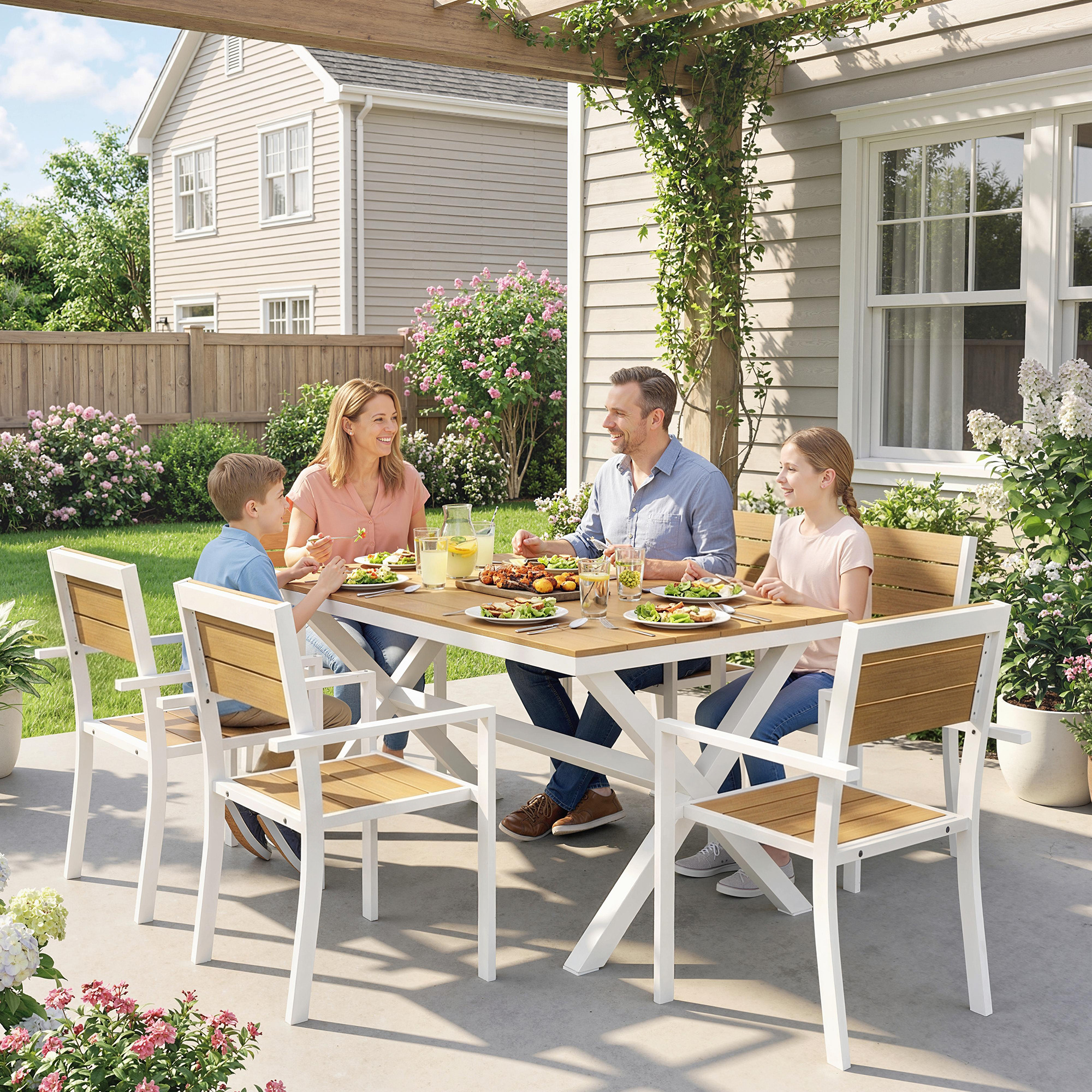 Gartenmöbel Set Sitzgruppe 7-teilig Tisch mit 6 stapelbare Stühlen Holzoptik Aluminiumrahmen Teak