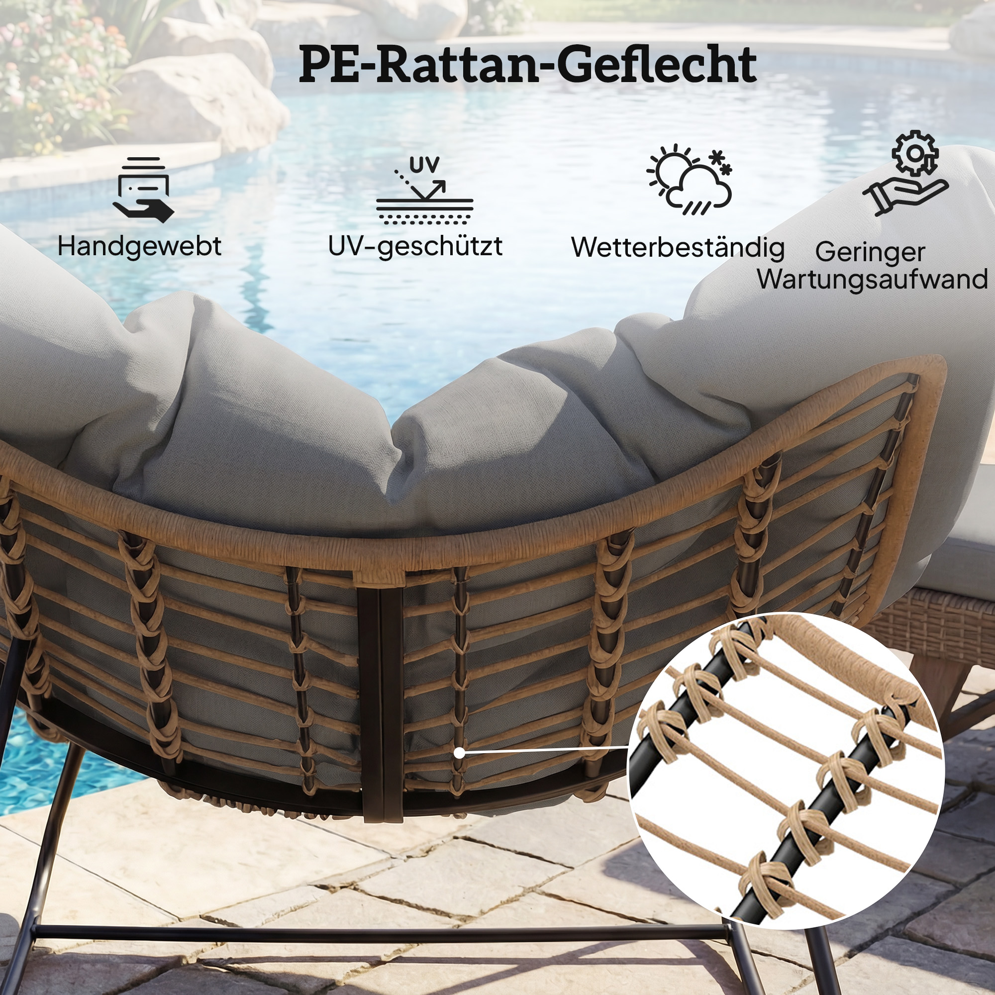 Schaukelstuhl Schaukelsessel mit Kissen wetterfest Gartenstuhl bis 120 kg belastbar für Wohnzimmer Garten, Rasen Grau