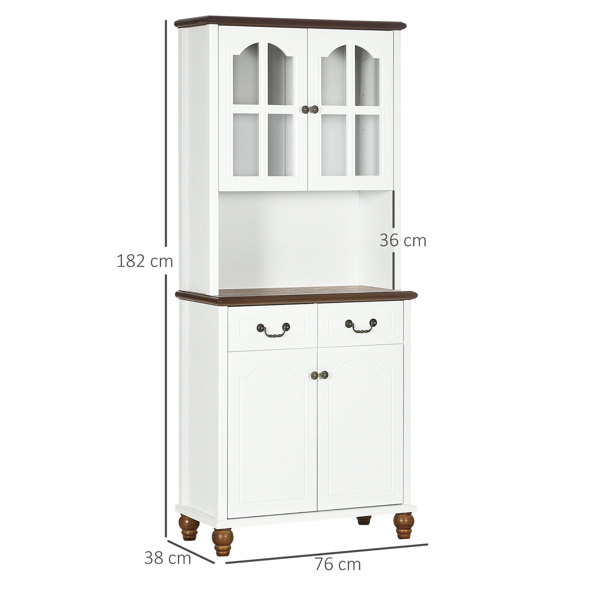 Küchenschrank, Buffet, 2 Schubladen, 2 Schrankfächer, klassisches Design, Weiß+Dunkelbraun, 76 x 38 x 182 cm