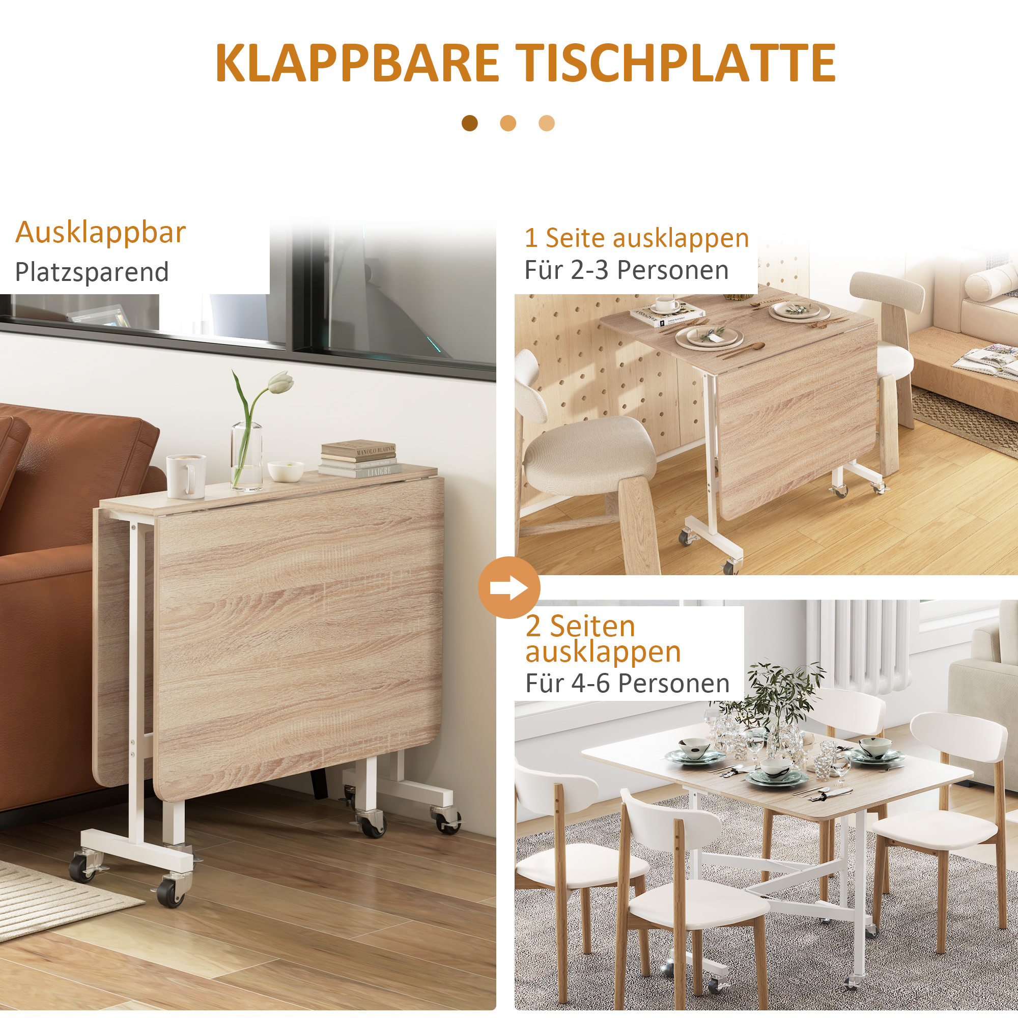 Klapptisch auf Rollen, Laptop-Tisch, Esstisch, inkl. Feststellbremse, Eiche