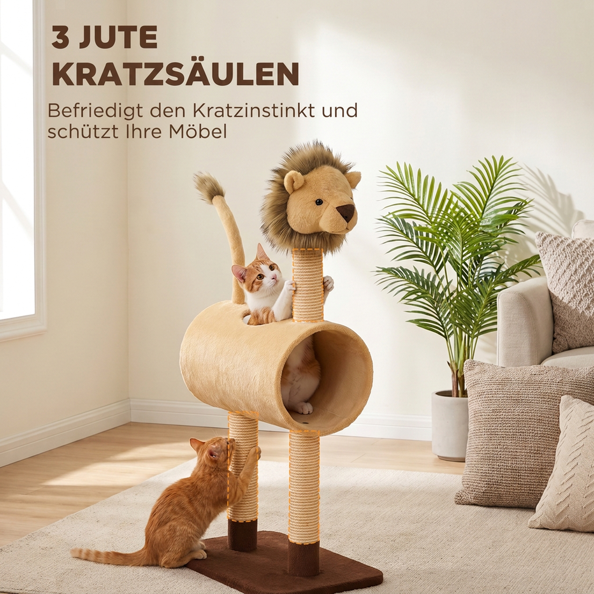 Kratzbaum 104 cm Katzenbaum mit Löwen-Design Kratzpfosten, Tunnel, hängendem Schwanz bis 7 kg, Hellbraun