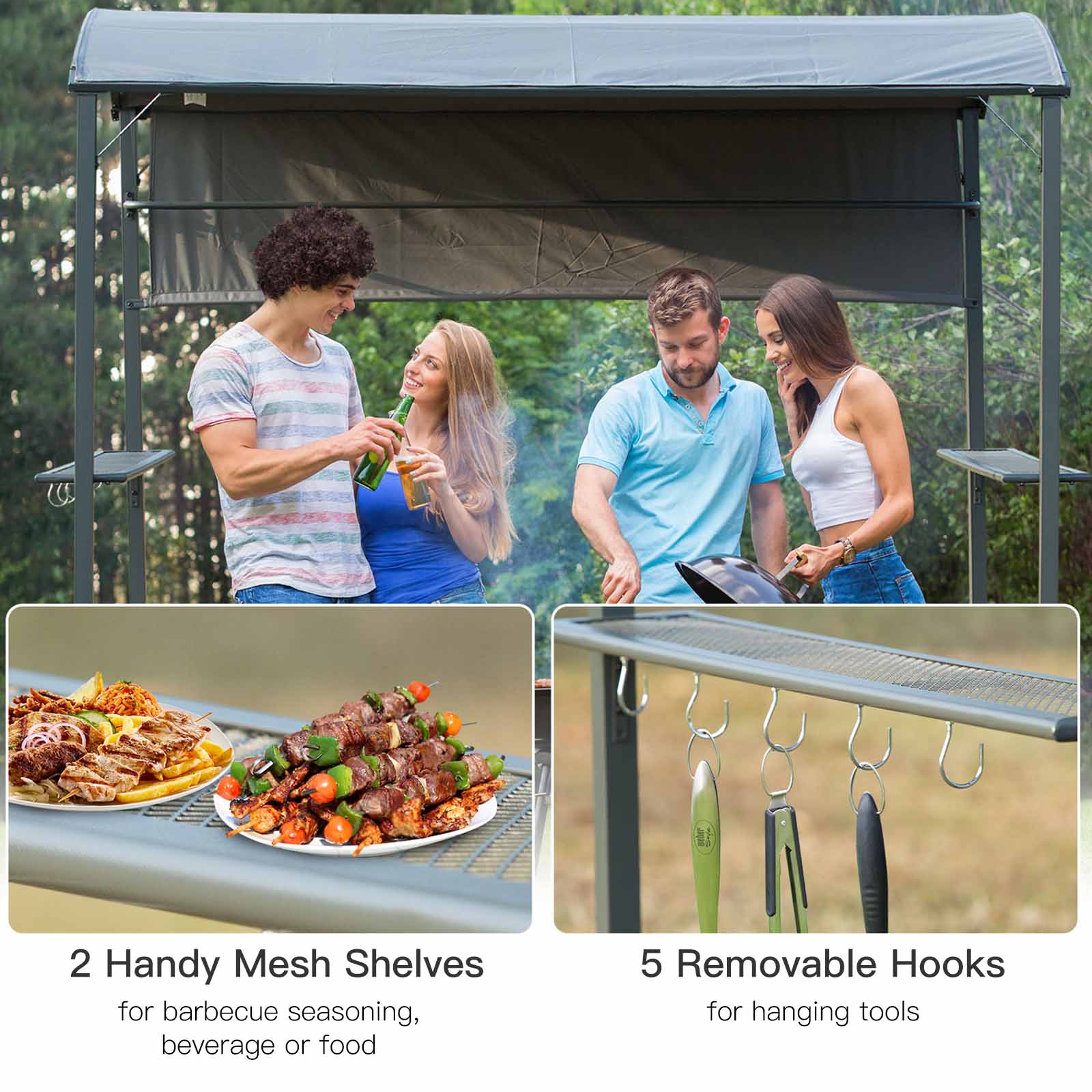 Grillpavillon mit Flammschutzdach, BBQ-Pavillon mit 2 Ablagen, Polyester, Schwarz, 218 x 138 x 216 cm