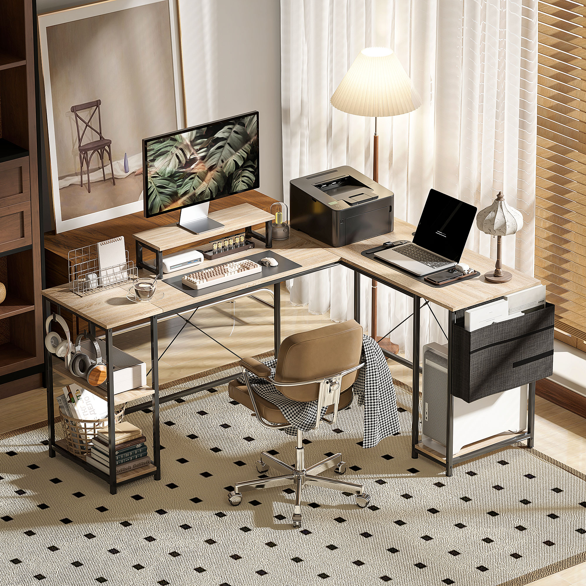 L-förmiger Schreibtisch, Vielseitiger Bürotisch mit einstellbaren Regalen und Aufbewahrungstasche, Monitorständer, Natur