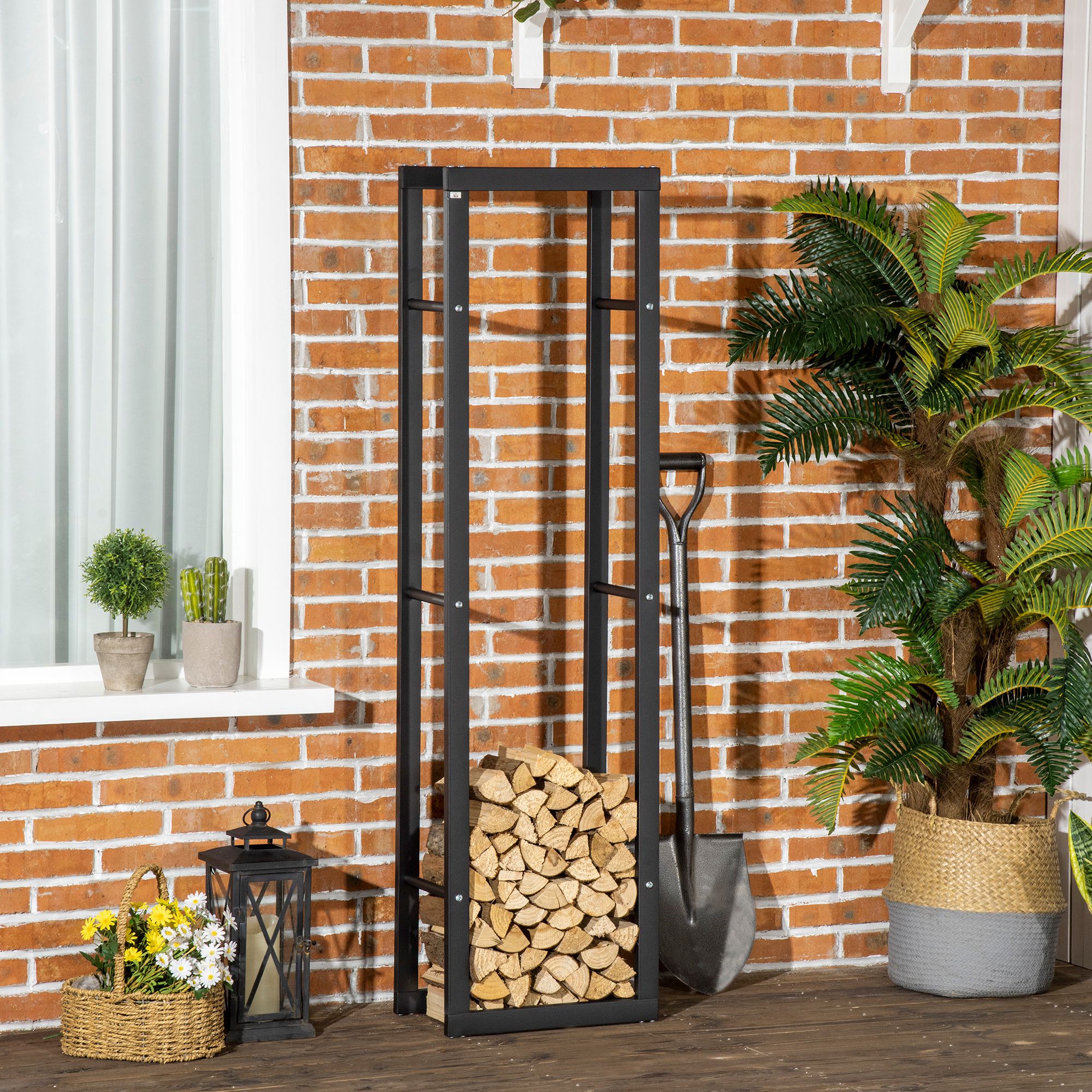 Kaminholzregal Metall 40 x 25 x 150 cm Brennholzregal Stapelhilfe Stahlrahmen bis 100kg Kaminholzunterstand Outdoor Holzregal Feuerholzregal für Garten Terrasse Außen Schwarz