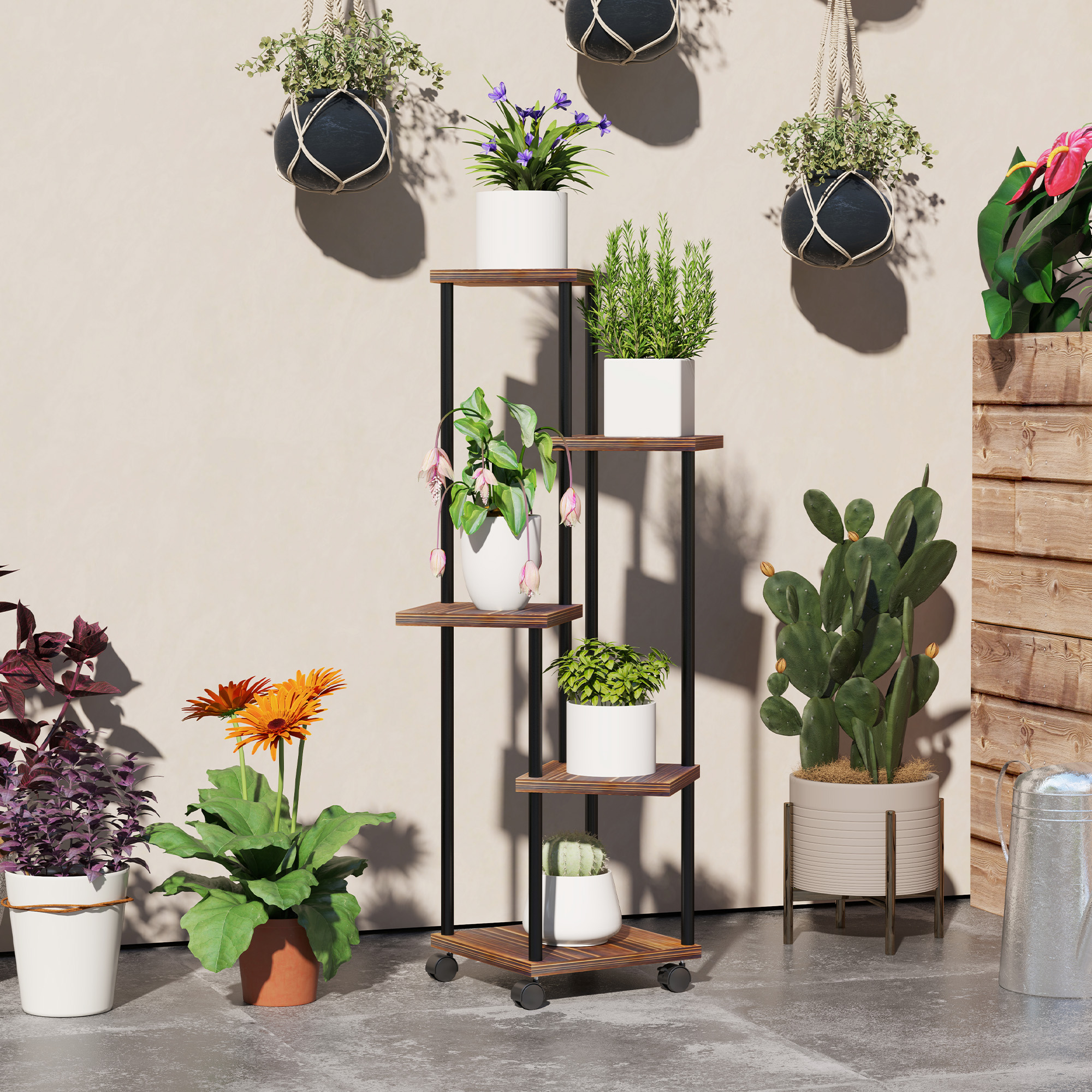 Blumenständer mit 5 Ebenen, 5-stufiger Pflanzenständer, versetztes Design, leicht zu verschieben, Holz, Stahl