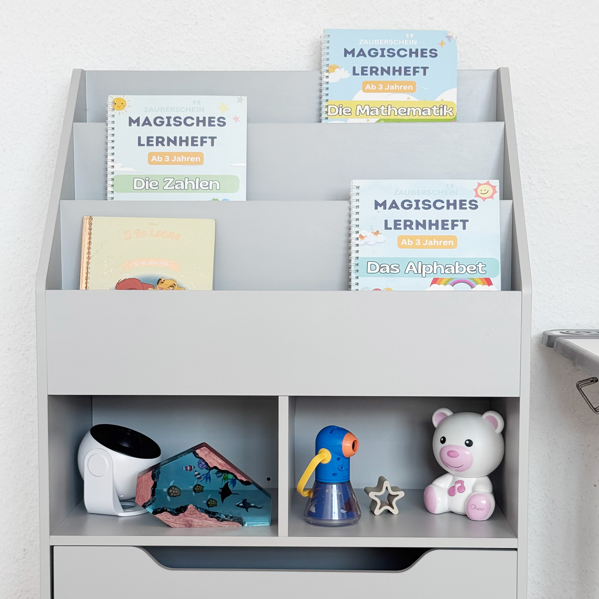 Kinderregal mit Schublade, Bücherregal mit Fächern, 60 x 29,9 x 90 cm, Grau