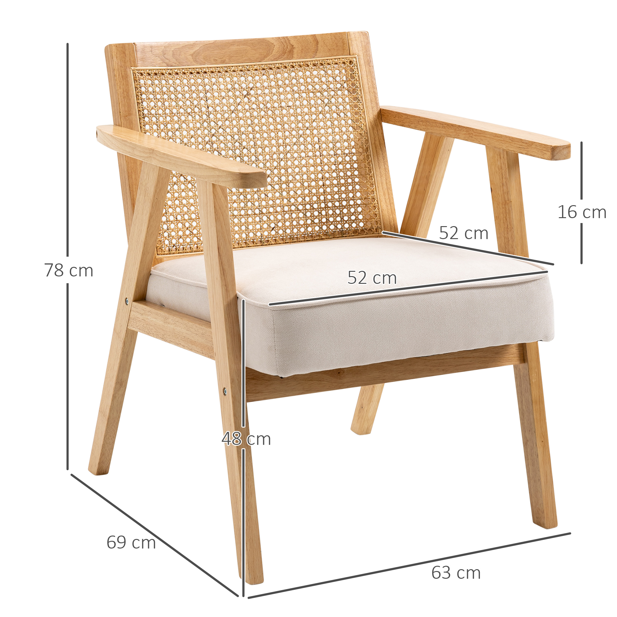 Exotischer Polsterstuhl, Kautschukholz, Sitzkissen in Leinenoptik, 63L x 69B x 78H cm, Cremeweiß