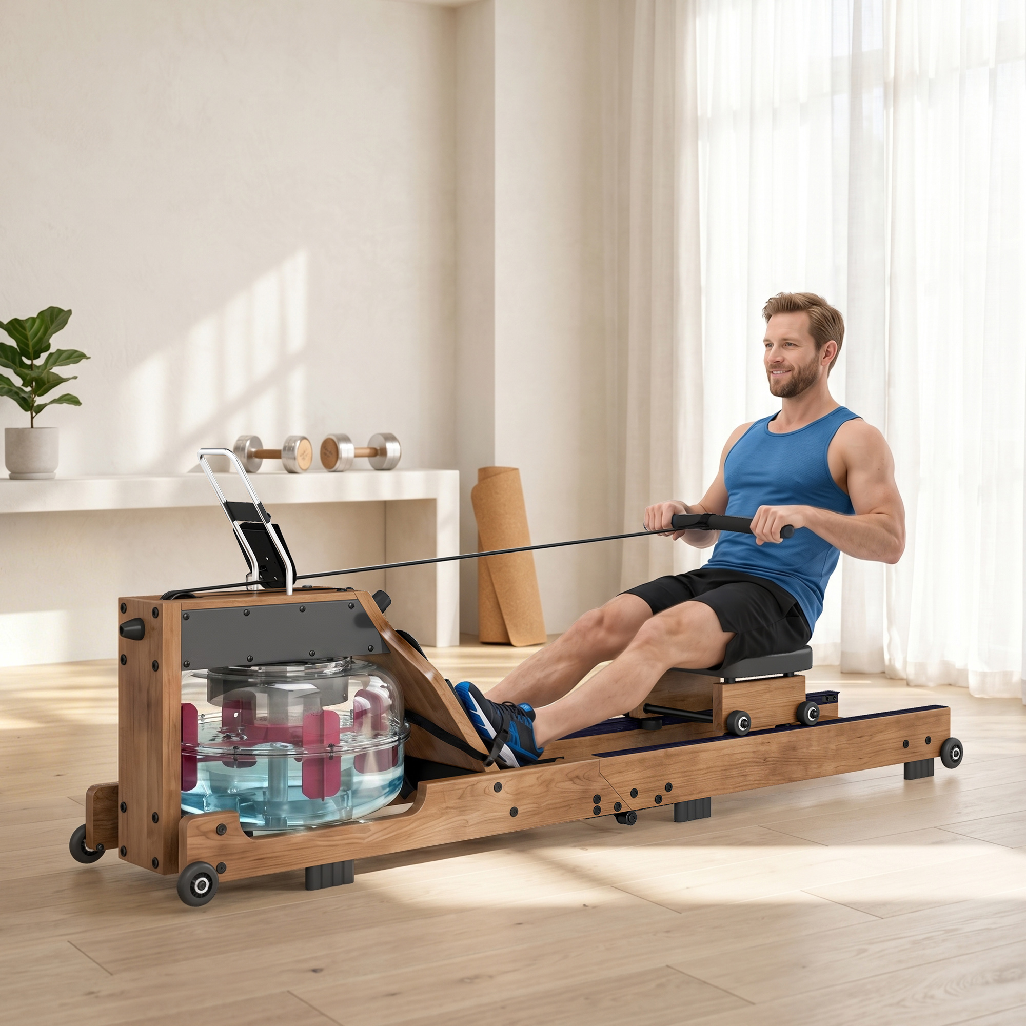 Wasser Rudergerät für Zuhause Gummiholz Klappbar mit Bluetooth APP Doppel-Aluminiumschienen LCD Display bis 158 kg