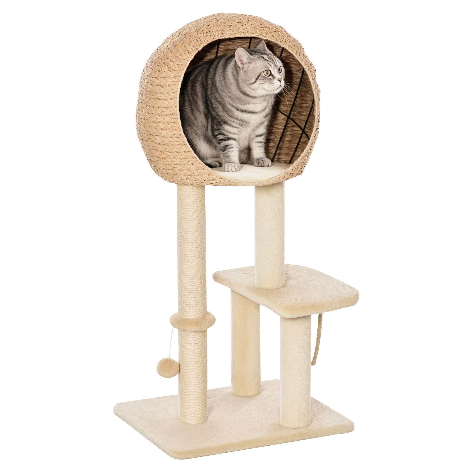 Kratzbaum 100 cm Katzenturm mit Höhle, Spielball, Sisalstämme, Plattform, mehrstöckiger Katzenkratzbaum, Kletterbaum, für mittelgroße Katzen, Beige