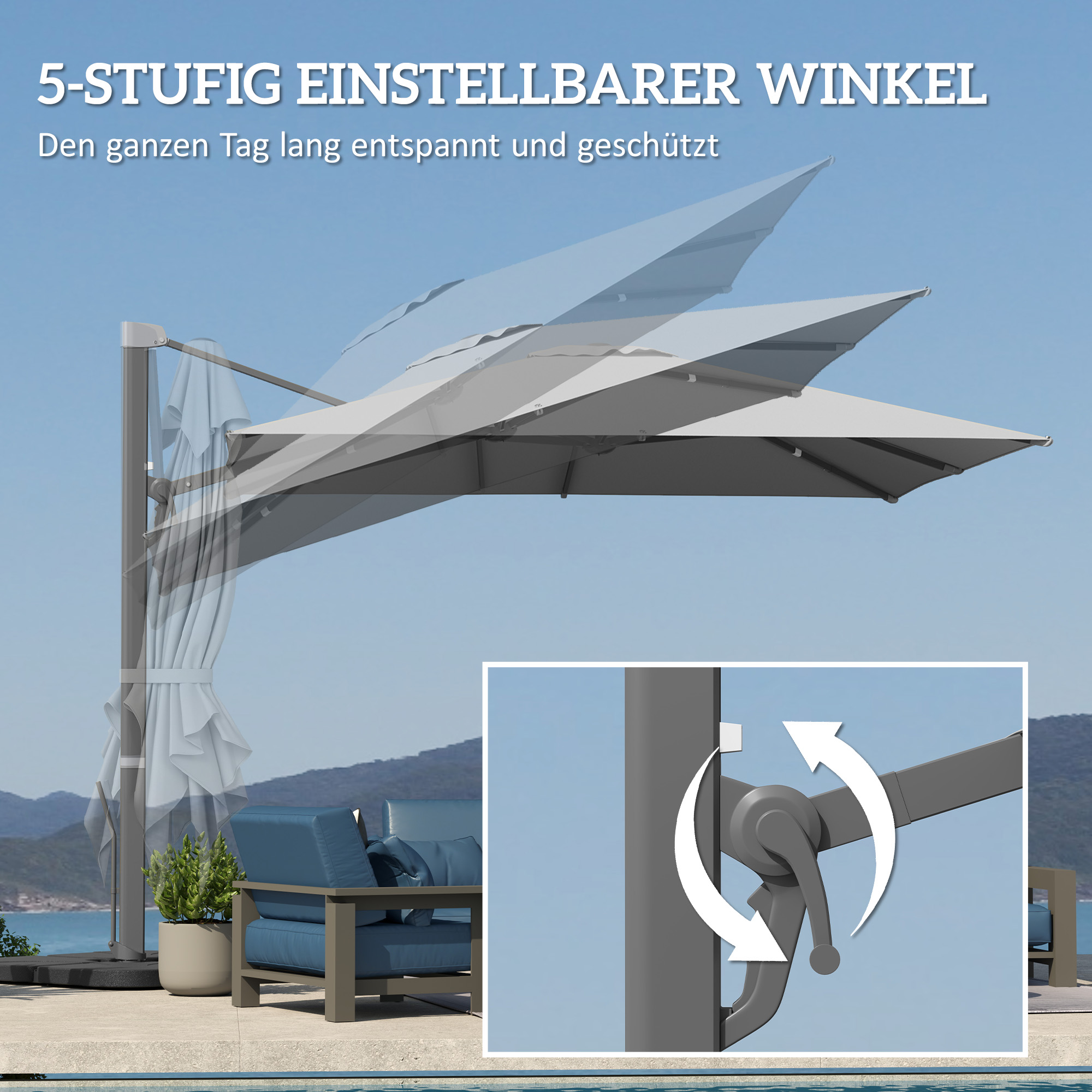 Alu Ampelschirm 3 x 3 m 360° drehbar Sonnenschirm mit Kurbel Ständer Windschutz Hellgrau