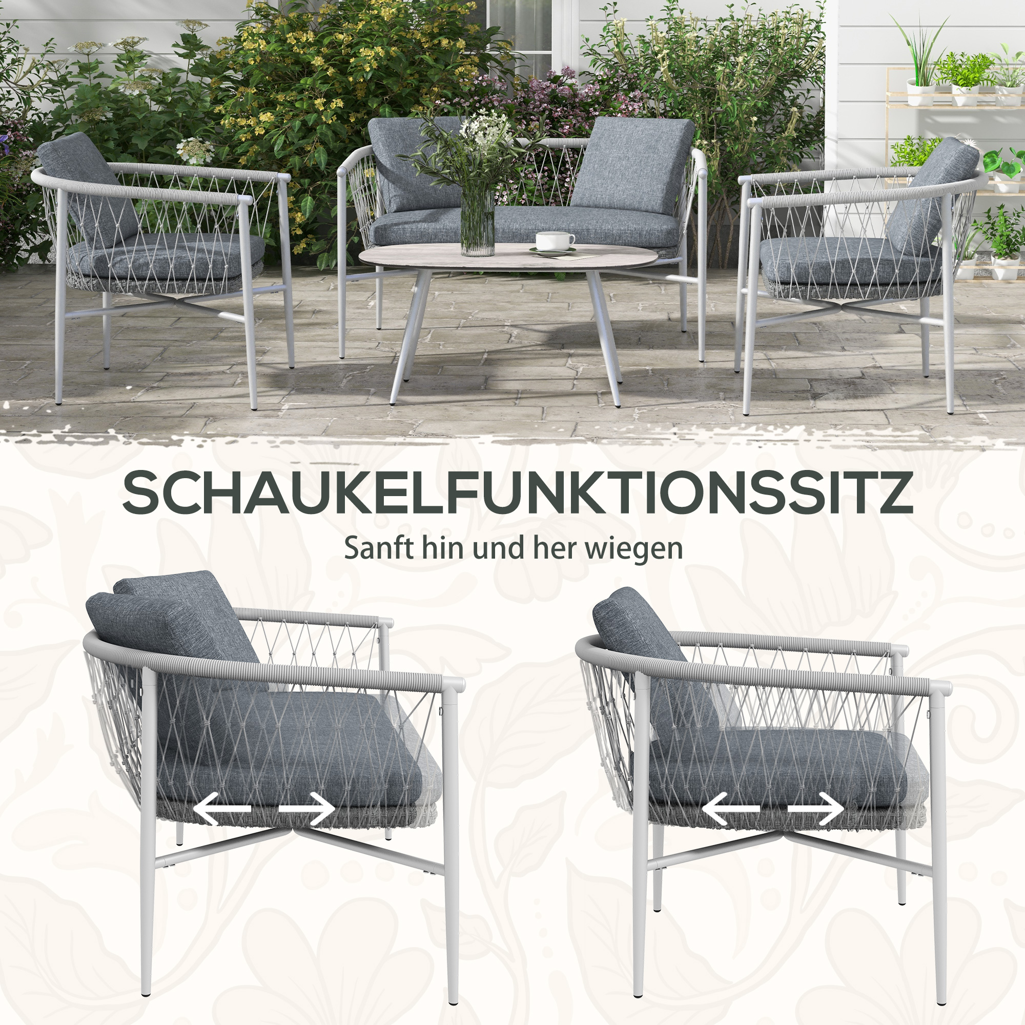 Gartengarnitur, 4-teilig, Schaukelfunktion, Sitzauflagen, Polyrattan, Metallgestell, Grau