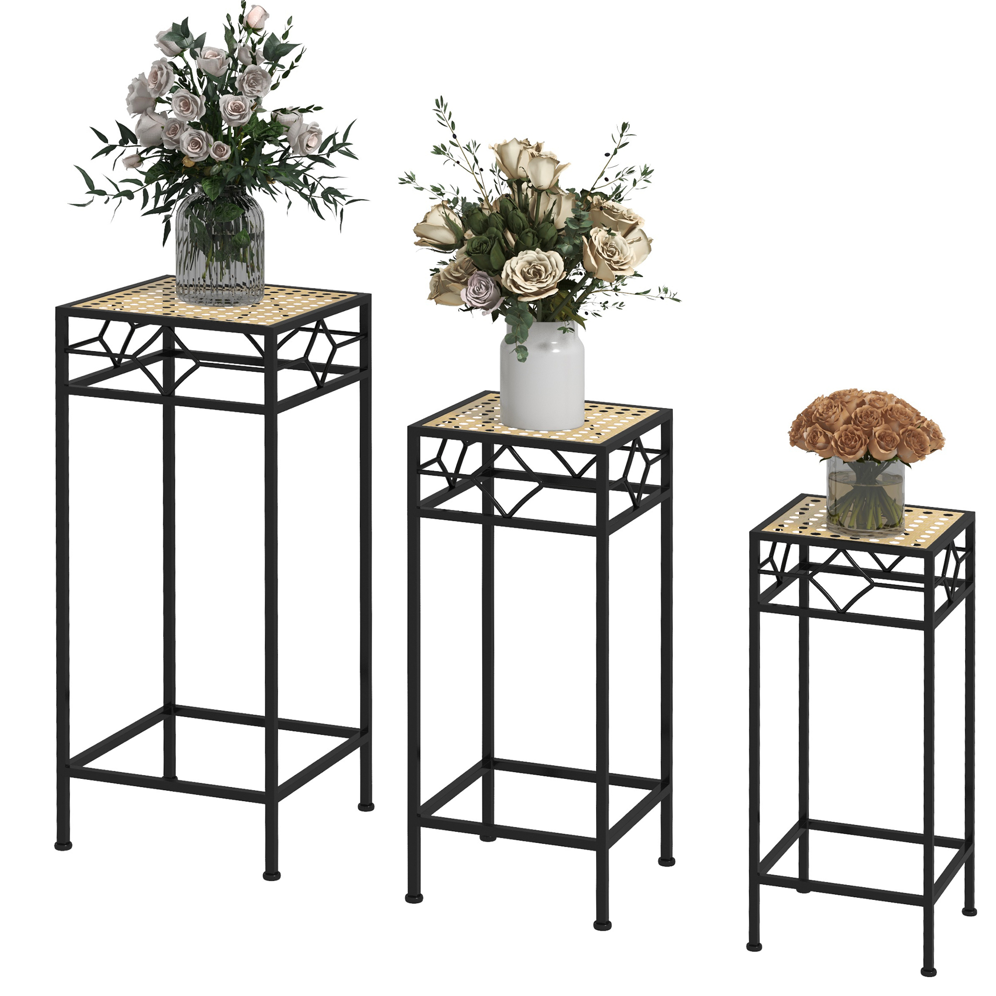 Blumenständer, 3er-Set, rund, stapelbar, Rattanoptik, Metallbeine, In- und Outdoor, Schwarz/Gold