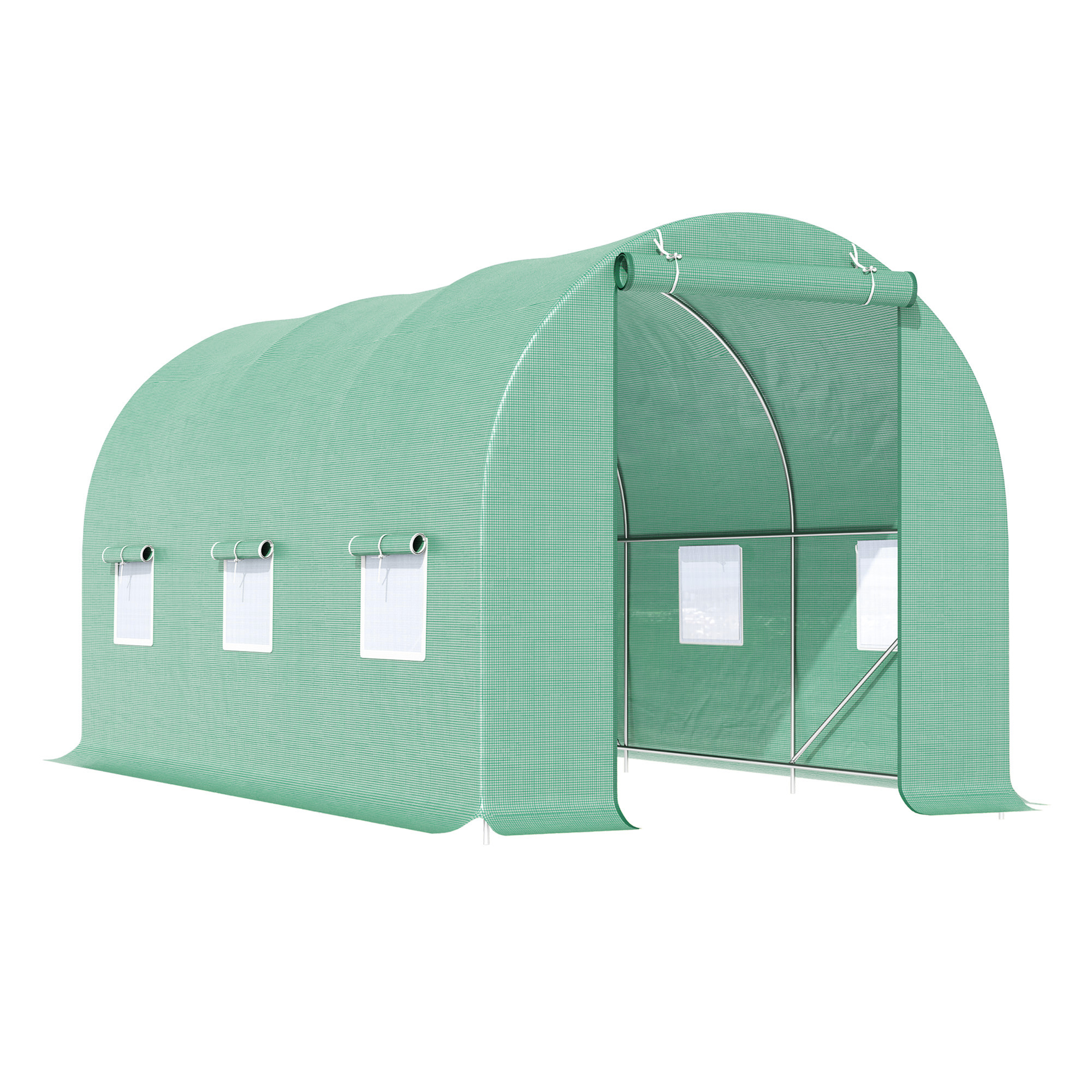 Gewächshaus 445x190x200cm Foliengewächshaus Tomatenhaus Tür mit Moskitonetz, Fenster, Folientunnel aus verzinktem Stahl, stabiles Pflanztunnel, Treibhaus inkl. Erdanker Seilen, Grün