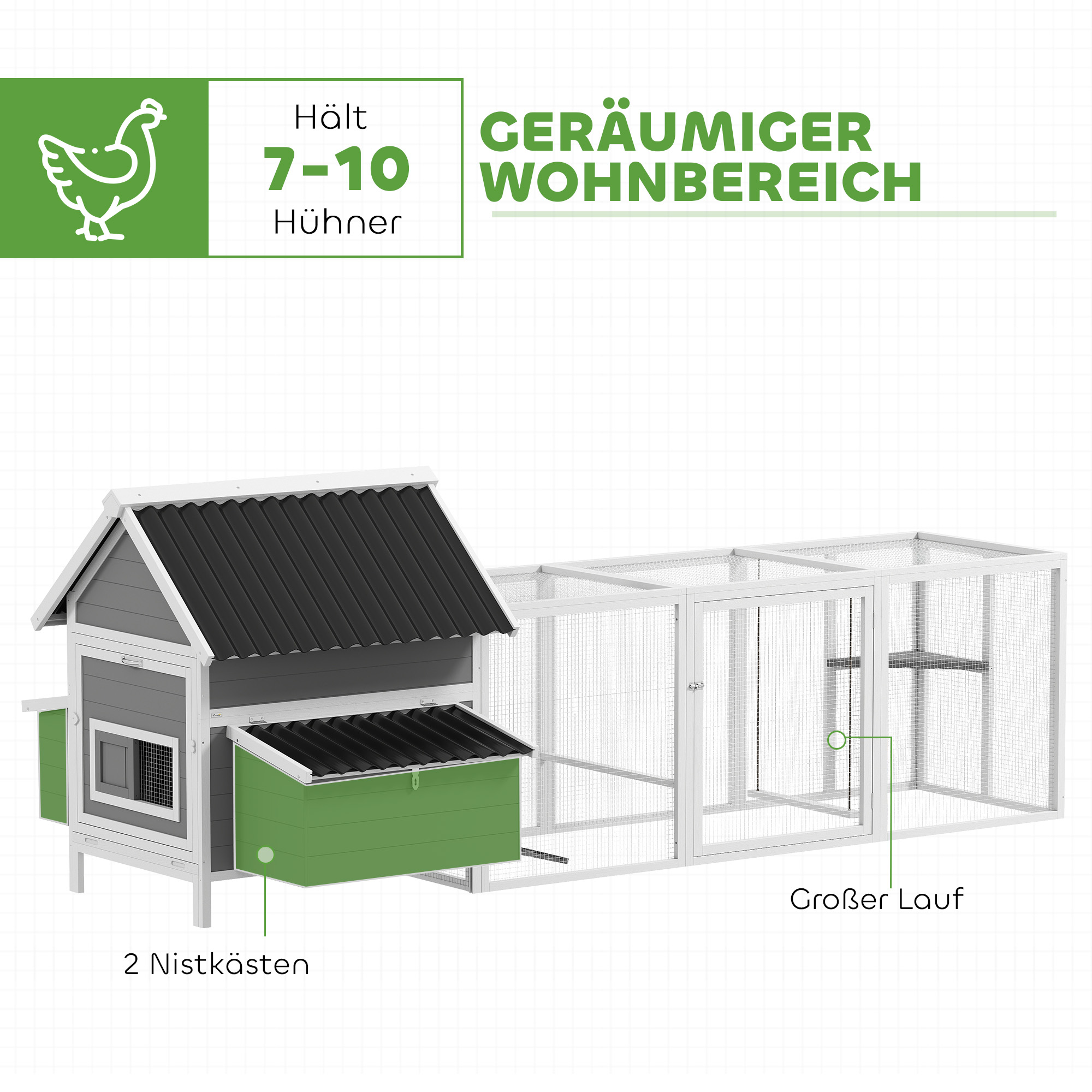 Großer Hühnerstall für 7-10 Hühner, Sitzstangen, Schaukel, Fenster, Nistkästen, Maschendraht, Grau