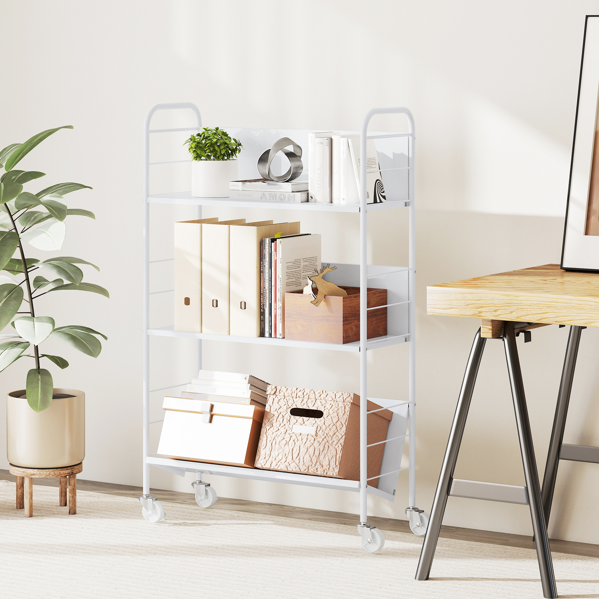 Bücherregal Aufbewahrungsregal mit 3 Ebenen, Rädern, Spielzeugregal für Schlafzimmer, 69 x 26 x 108 cm, Weiß