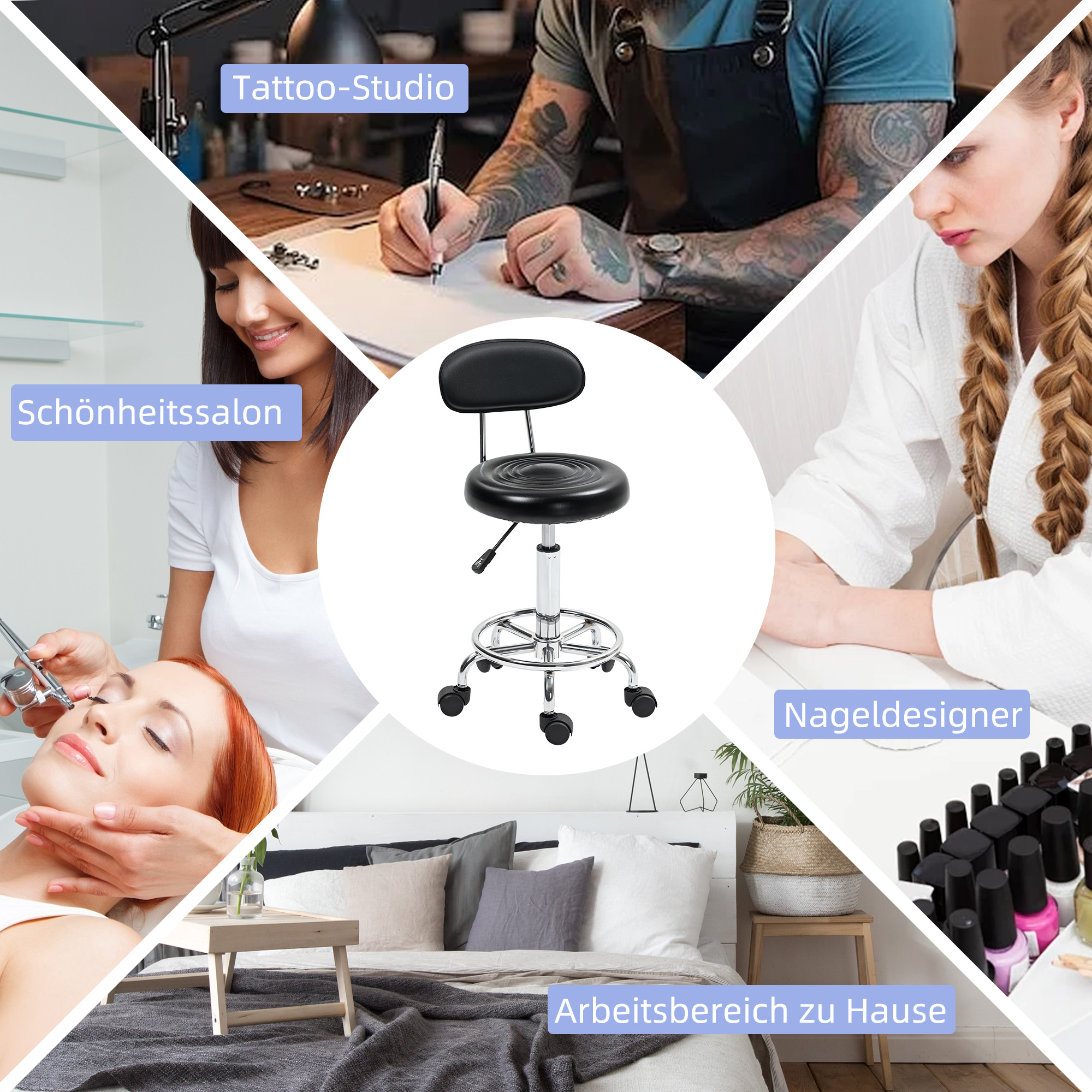 Rollhocker, Drehbarer und verstellbarer Hocker mit Rückenlehne, Kunstlederbezug, Fußstütze, für Frisiertische, Schwarz