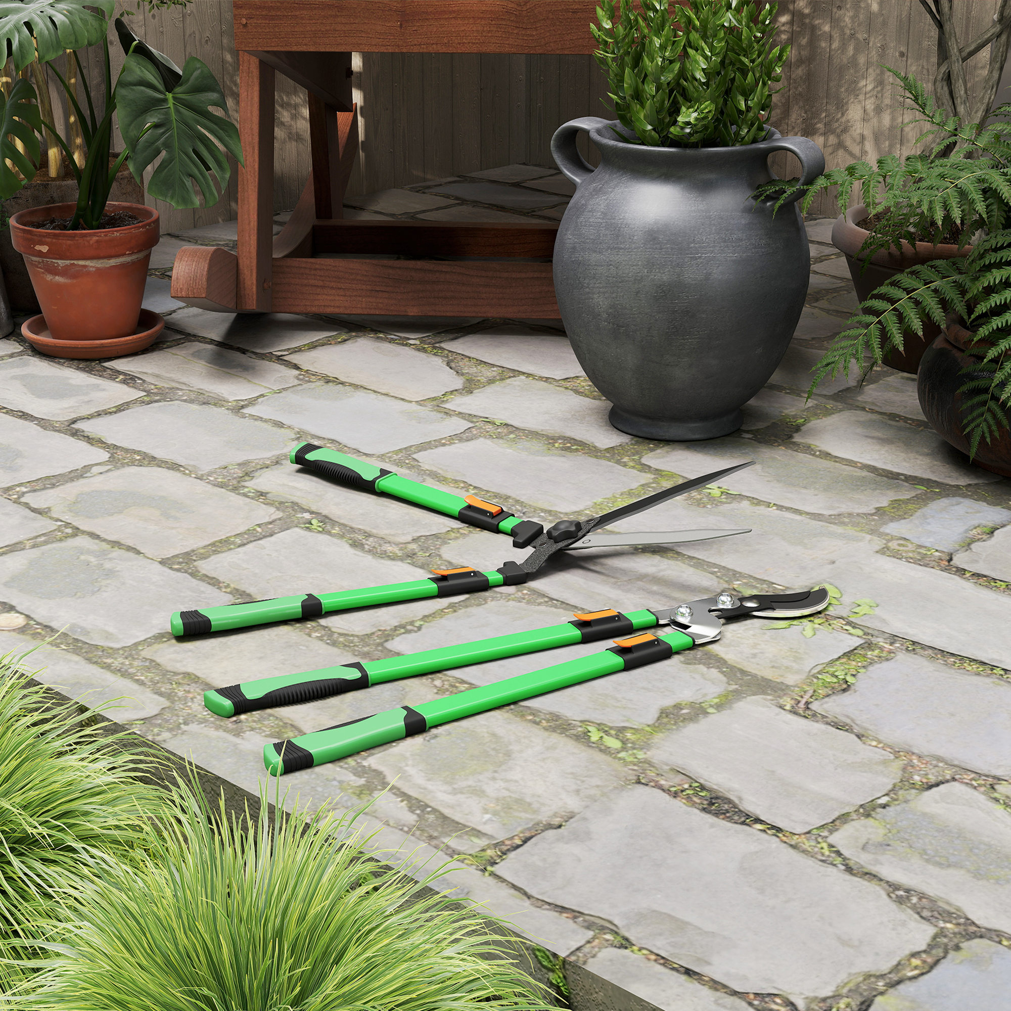 Heckenschere Set 2-teilig Gartenschere Messerlänge 90 cm Astschere mit Metallklingen, ausziehbarer Griff