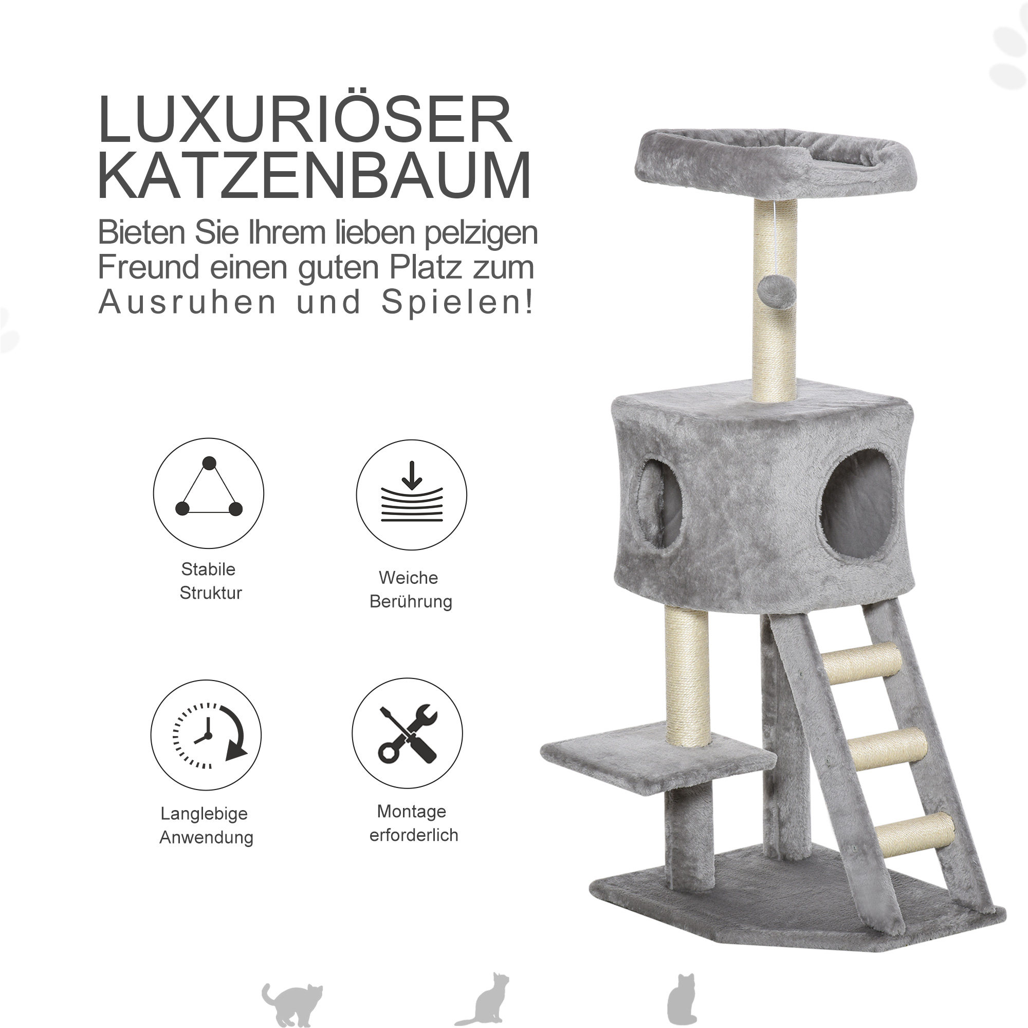 Kratzbaum 120 cm Katzenturm mit Höhle, Spielball, Sisalstämme,  Plattform, Treppe, mehrstöckiger Katzenkratzbaum, Kletterbaum für Katzen, Hellgrau