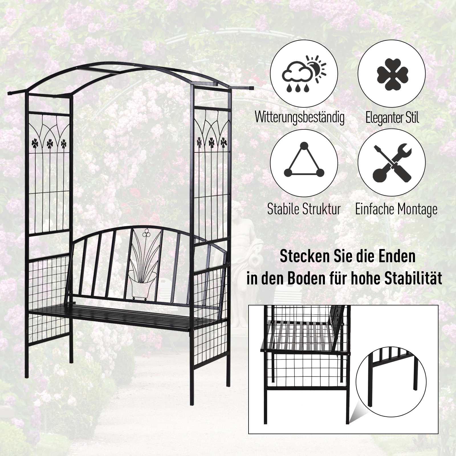 Pflanzbogen mit Bank Sitzbank Torbogen Rankgitter Rankhilfe Garten Bogendach Metall Schwarz 154 x 60 x 205 cm