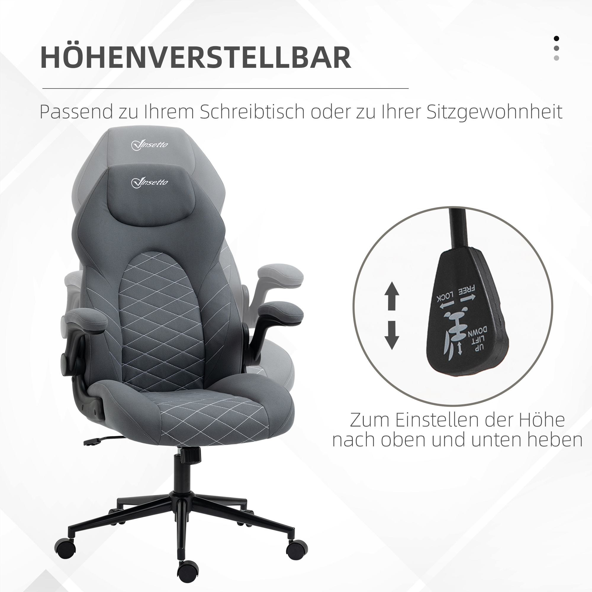 Bürostuhl mit Rückenlehne, höhenverstellbar, klappbare Armlehnen, Wippfunktion, dunkelgrau