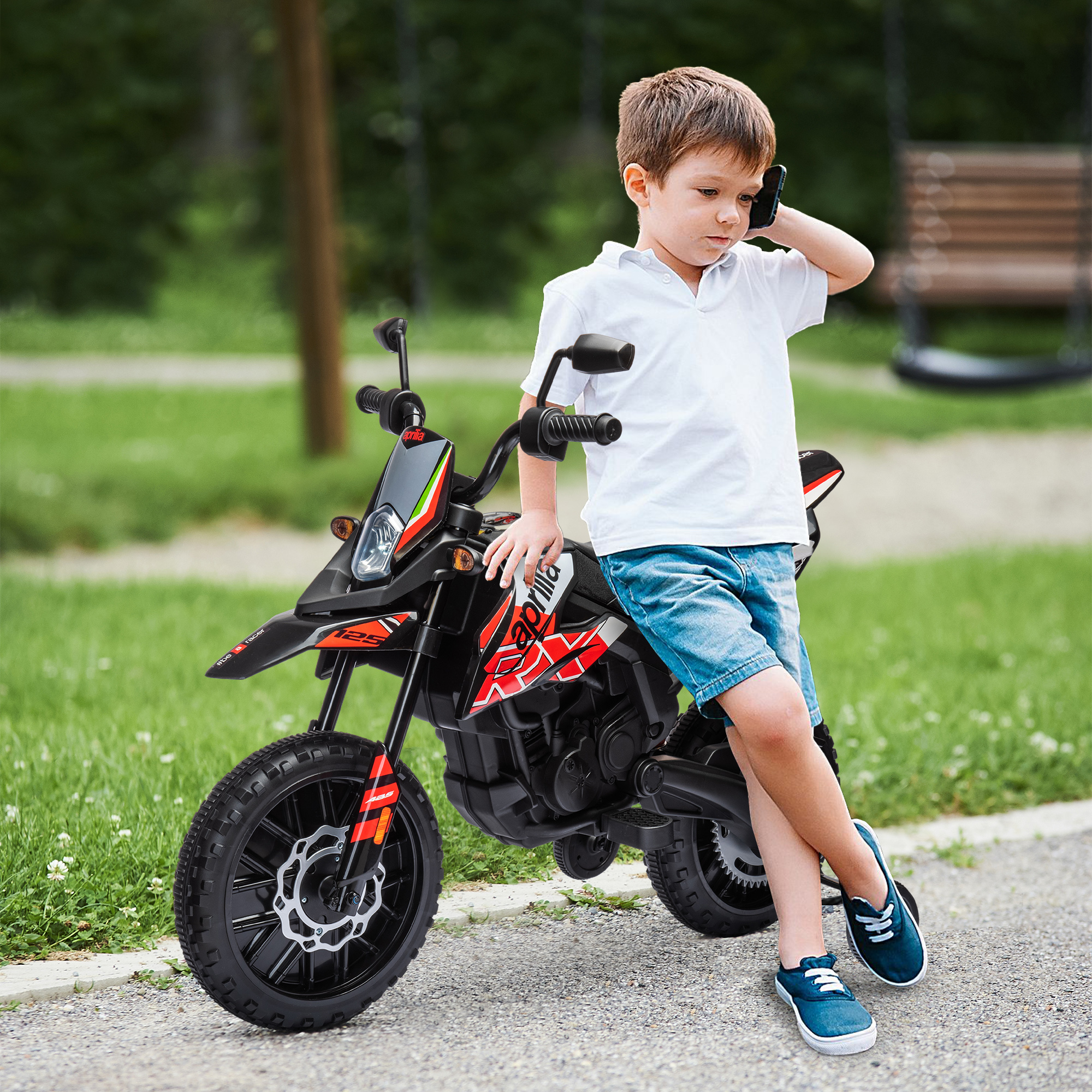Elektro Motorrad Kinder 12 V Elektromotorrad mit 2 Motoren Stützrädern, Stoßdämpfer 13 Zoll Räder Musik, USB