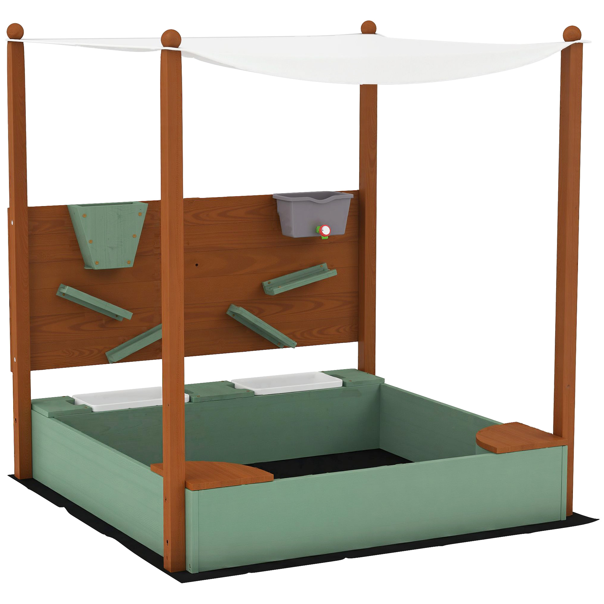Sandkasten mit Sonnendach für Kinder, 2 Aufbewahrungsbehälter, 116L x 112,5B x 128H cm, Tannenholz, Kunststoff, Grün