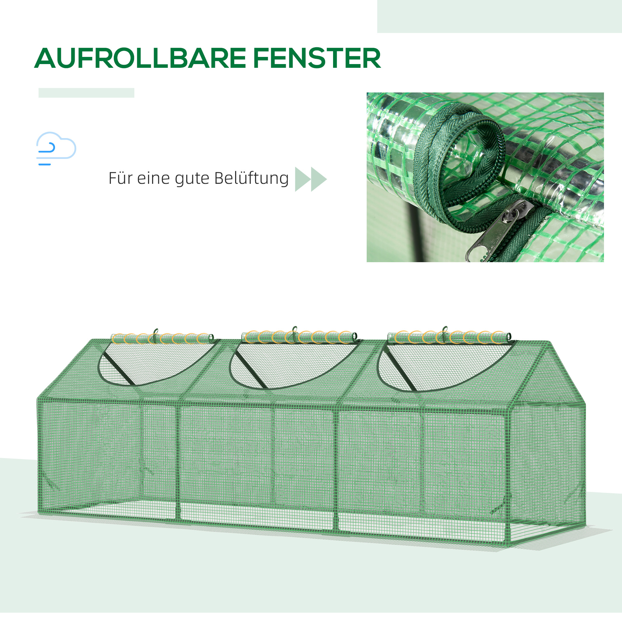 Gewächshaus mit aufrollbaren Fenstern, wetterbeständig, 180 cm x 60 cm x 60 cm, Grün