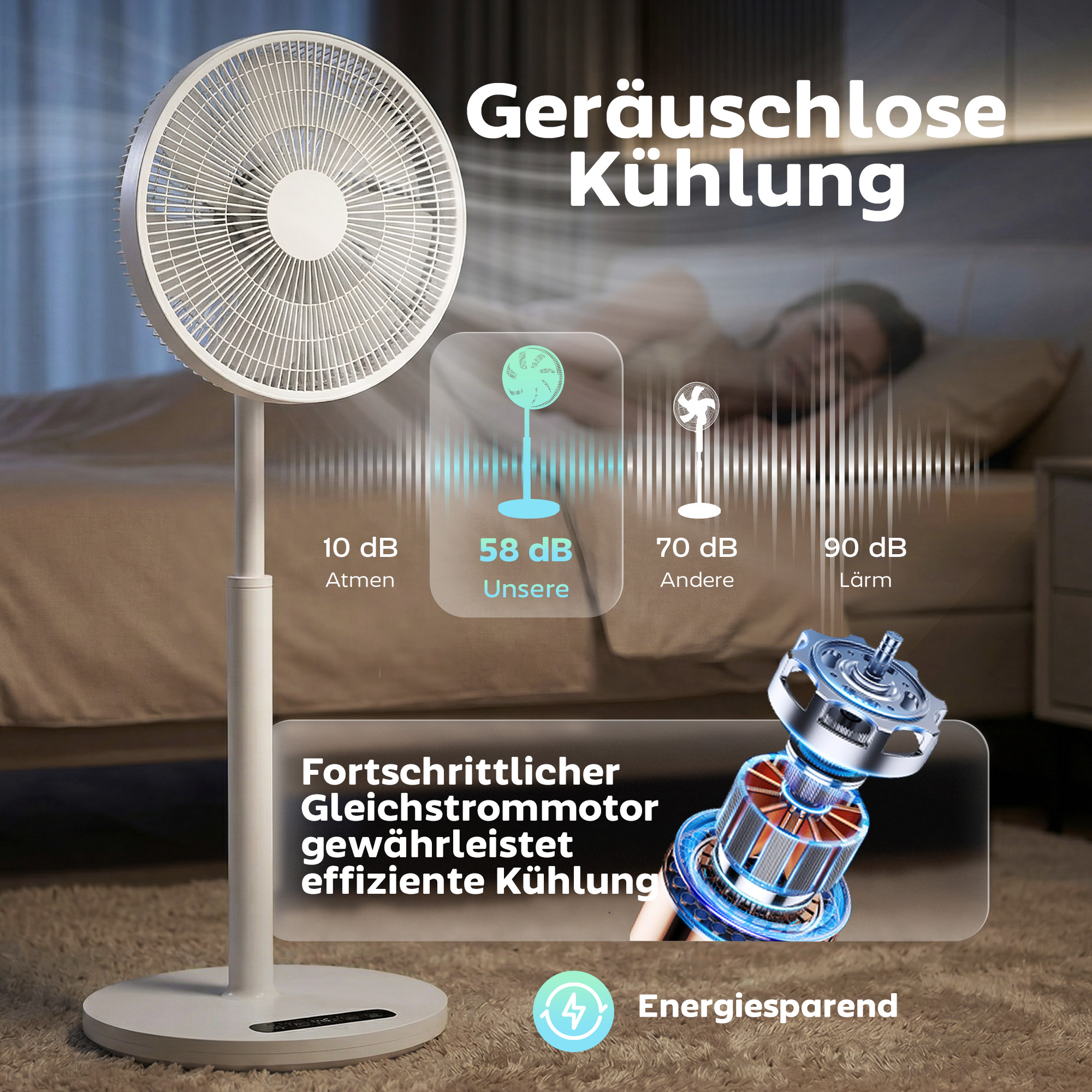 Standventilator mit Fernbedienung und 12 Geschwindigkeiten, Bodenventilator mit verstellbarer Höhe für das Schlafzimmer, Weiß