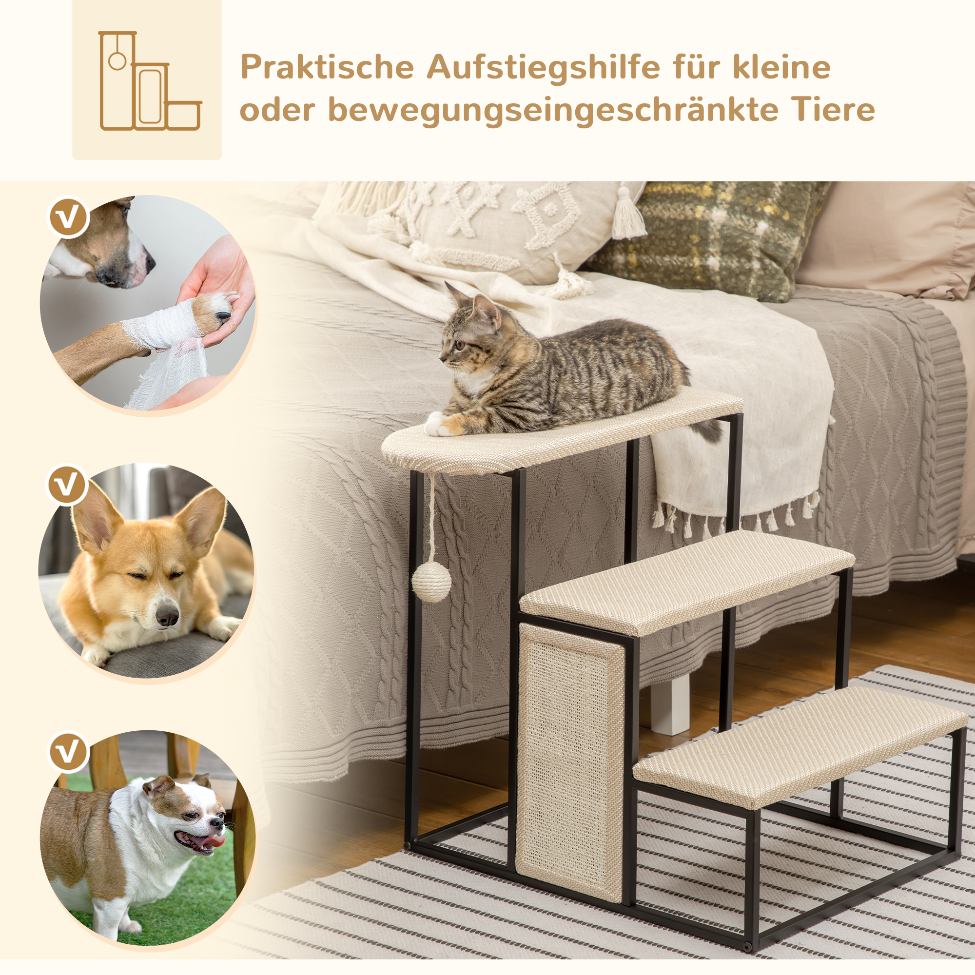 Katzentreppe, mit Kratzbrett, 3 Stufen, Spielball, robust, Stahl+Sisal, cremeweiß+schwarz, 51 x 54 x 53cm