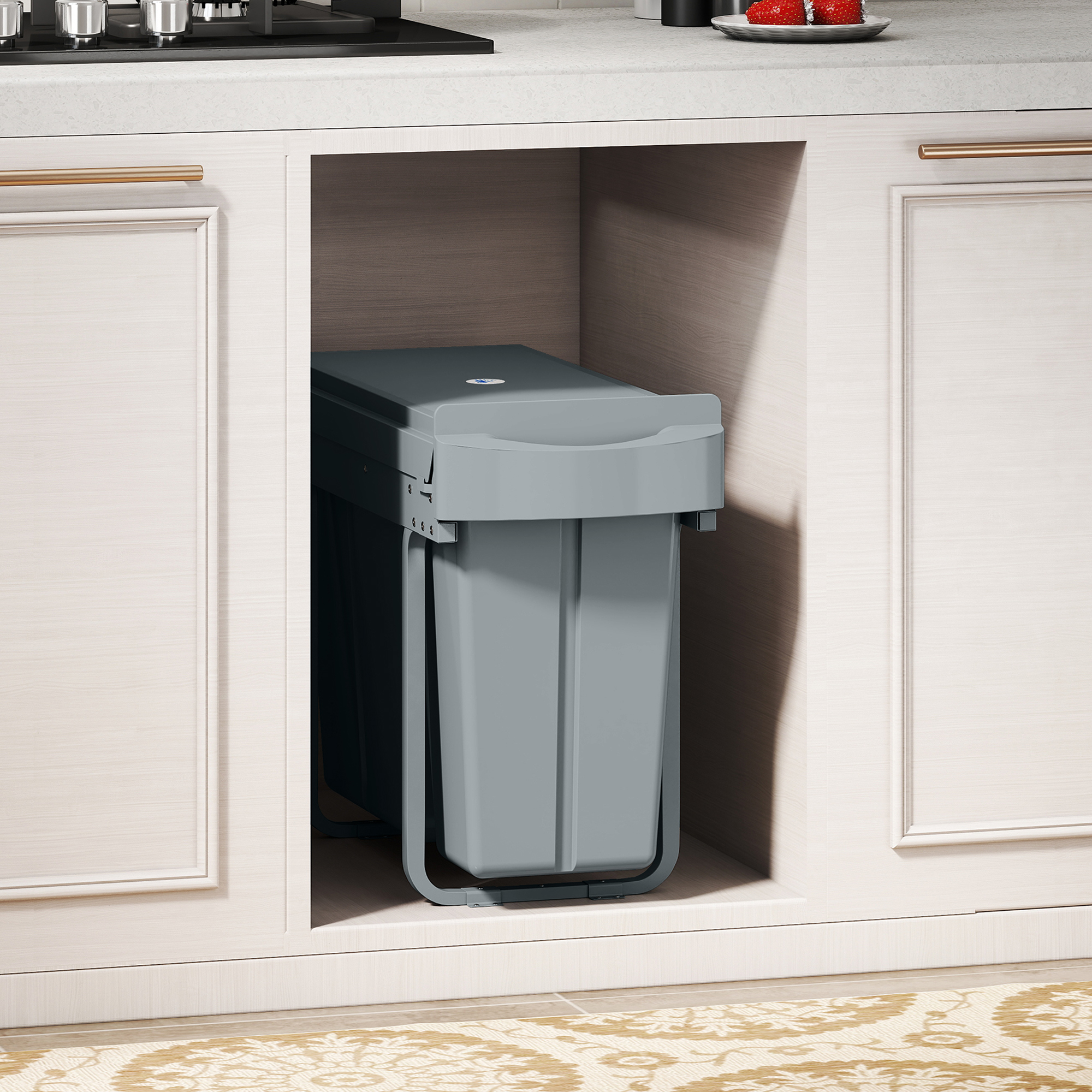 Ausziehbarer Mülleimer, Küchenmüllbehälter mit 2 herausnehmbaren Eimern, Griff, 30 Liter (20 L+10 L), Metall, Grau