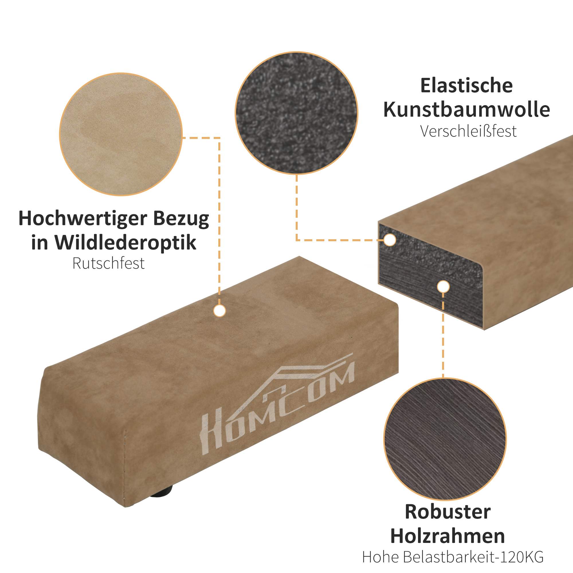 Faltbarer Schwebebalken, rutschfest, Wildlederbezug, robustes Holz, 210 x 10 x 6,5 cm, Braun