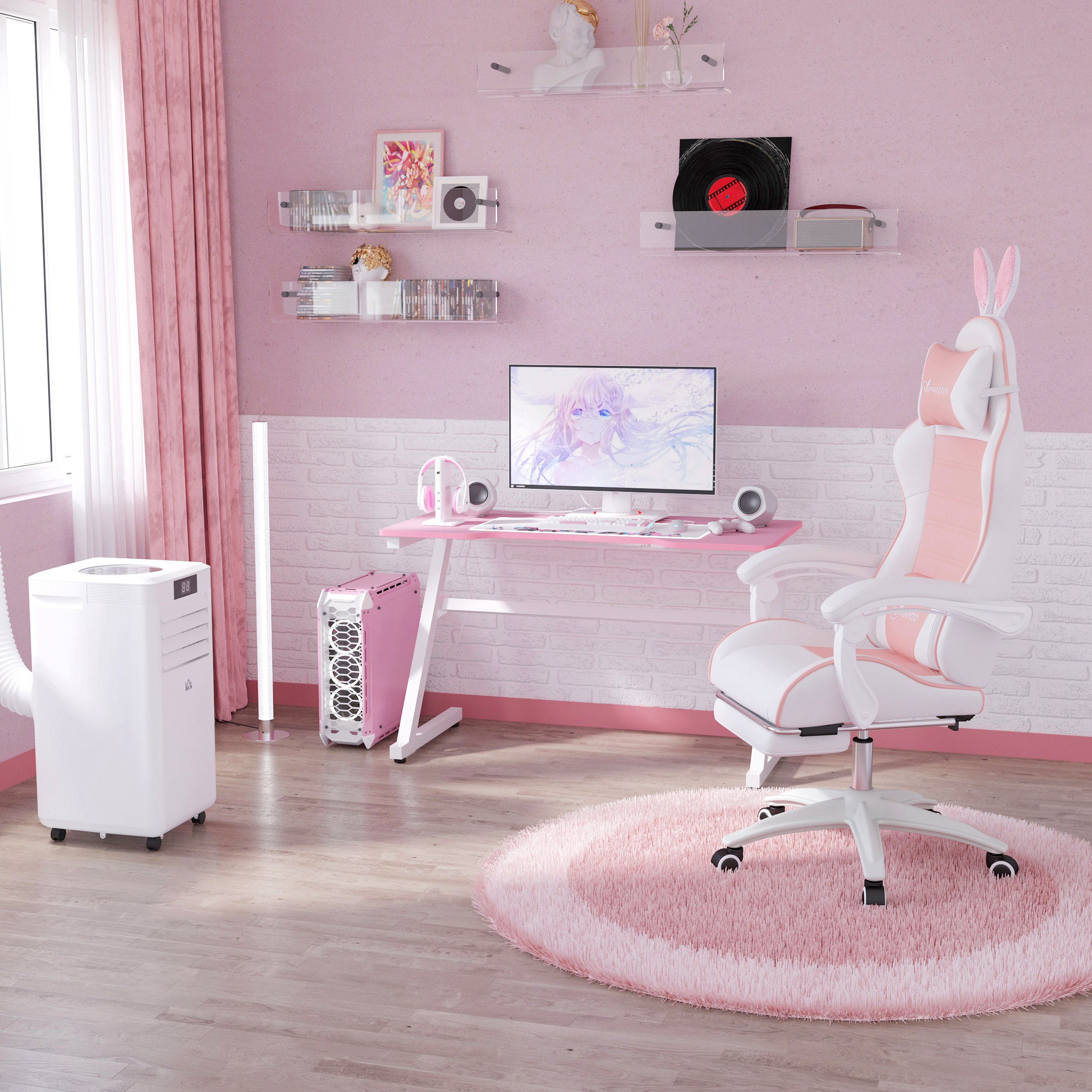 Gaming Stuhl Ergonomischer Gamer Stuhl mit Lendenwirbelstütze, Fußstütze Hasenohren Kopfkissen Rosa