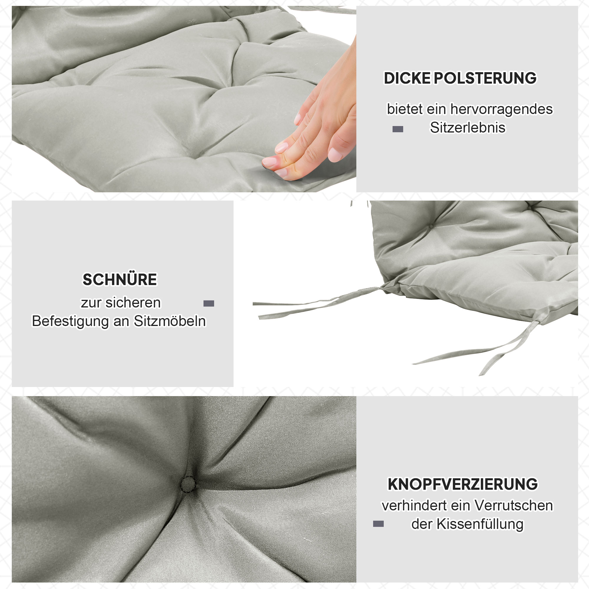 2er-Set Sitzkissen, 98 x 50 cm Stuhlkissen mit Bindebänder, Stoffbezug, 8cm dick Hellgrau