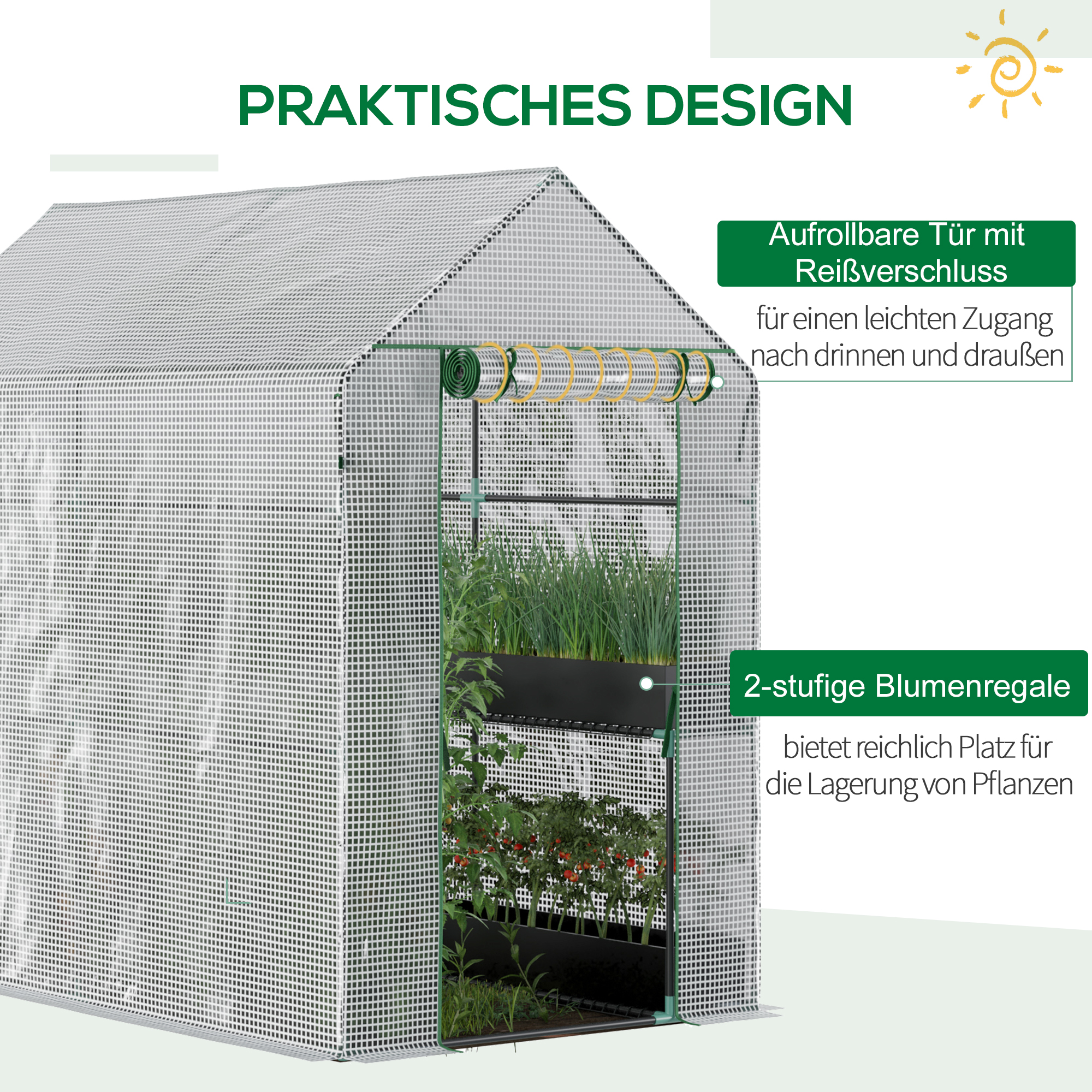 Foliengewächshaus begehbares Gewächshaus mit 4 Regalebenen Tomatengewächshaus Treibhaus Frühbeet mit Tür Grün Stahl PE 120 x 186 x 190  cm