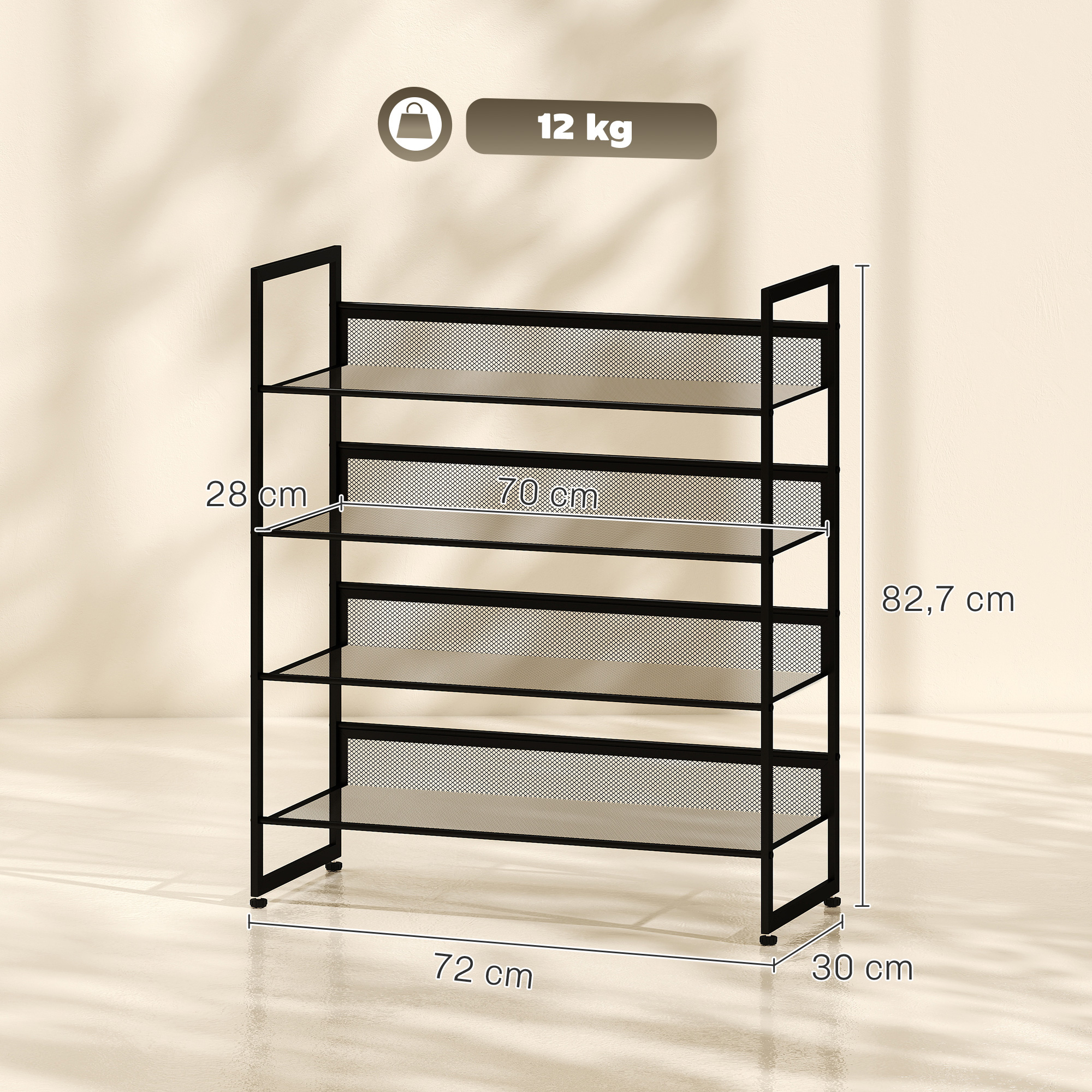Schuhregal Schuhablage Schuhständer, 4 Regale, 72 cm x 30 cm x 82,7 cm, Schwarz