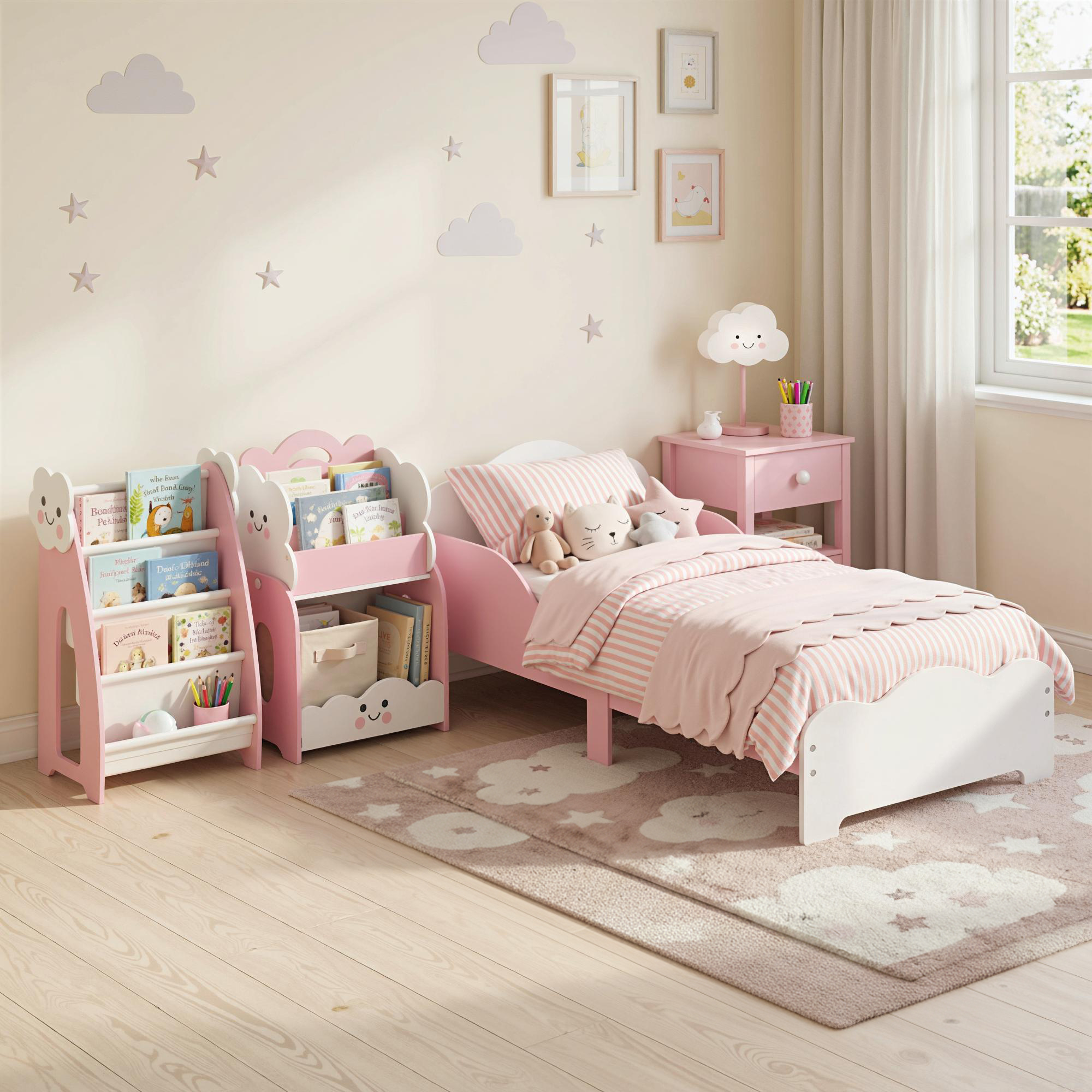 Kinderbett, 140 x 70 cm Bettgestell mit hohen Schutzgitter für Kinder von 3-6 Jahren, ohne Matratze, Rosa