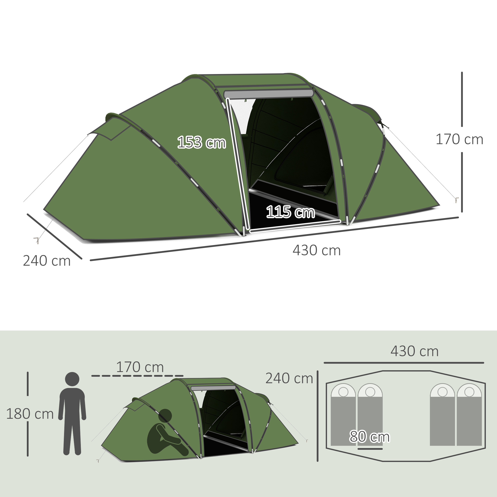 Tunnelzelt für 4-6 Personen, Campingzelt mit Tür, Bodenplane, 2000mm wasserdicht Grün