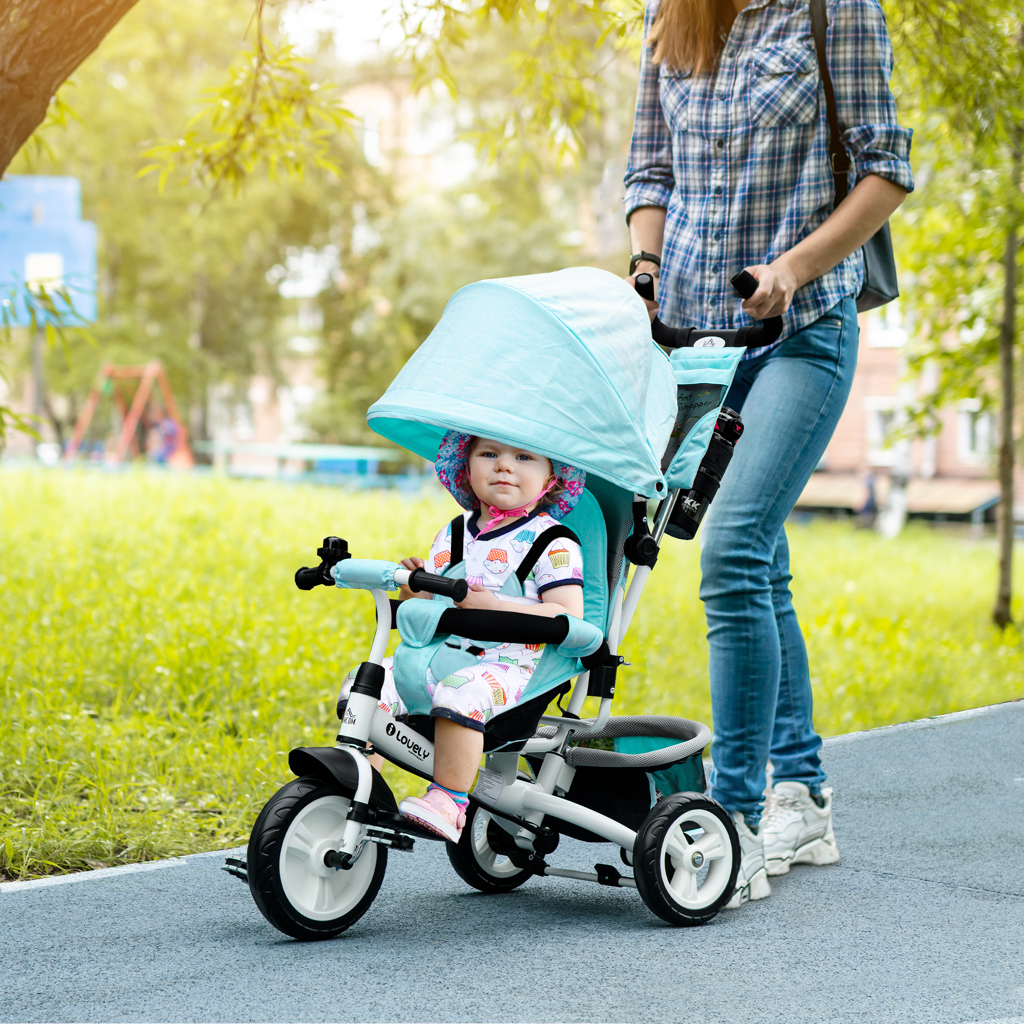 Kinder-Dreirad, Kinderfahrrad, Rückenkorb, Becherhalter, Sonnendach, Metall, Grün