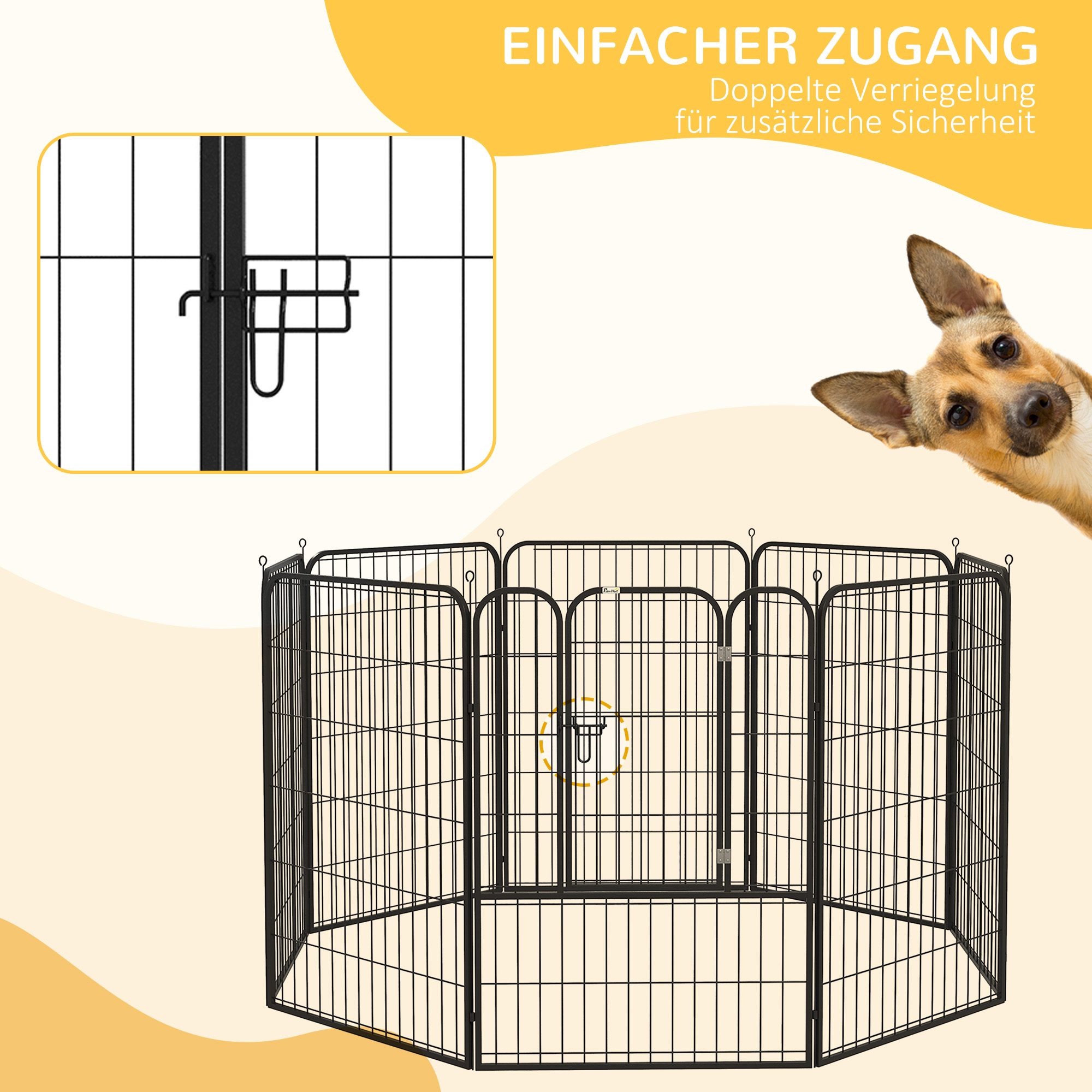Welpenlaufstall, 8-teilig 100cm hoch Welpenauslauf mit abschließbarer Tür 8 Gitterplatten Stahl Hundelaufstall Freilaufgehege für große Hunde, für drinnen und draußen, Grau