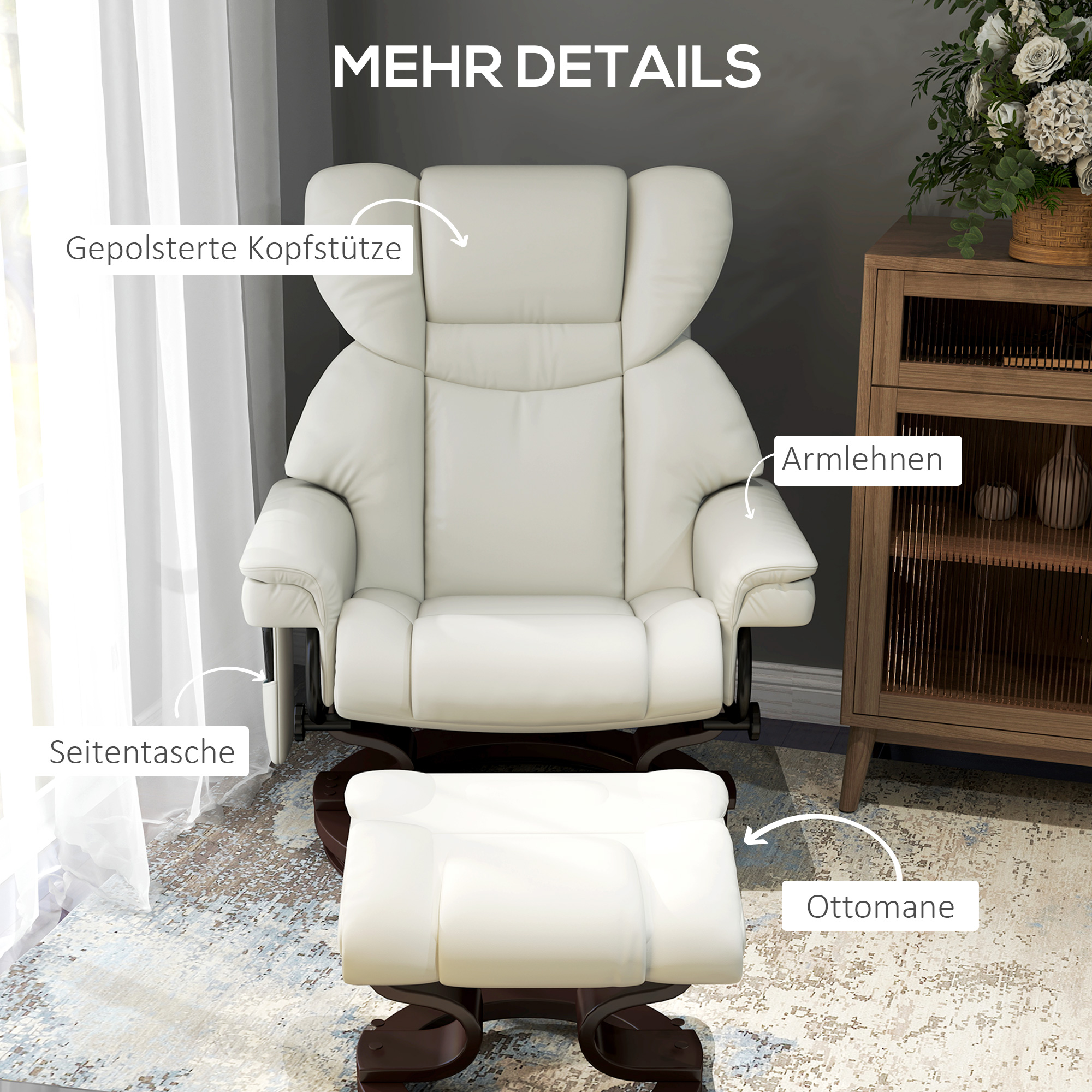 Relaxsessel mit Massagefunktion und Fußhocker, Liegesessel, Kunstleder, 79 x 82 x 101 cm, Cremeweiß