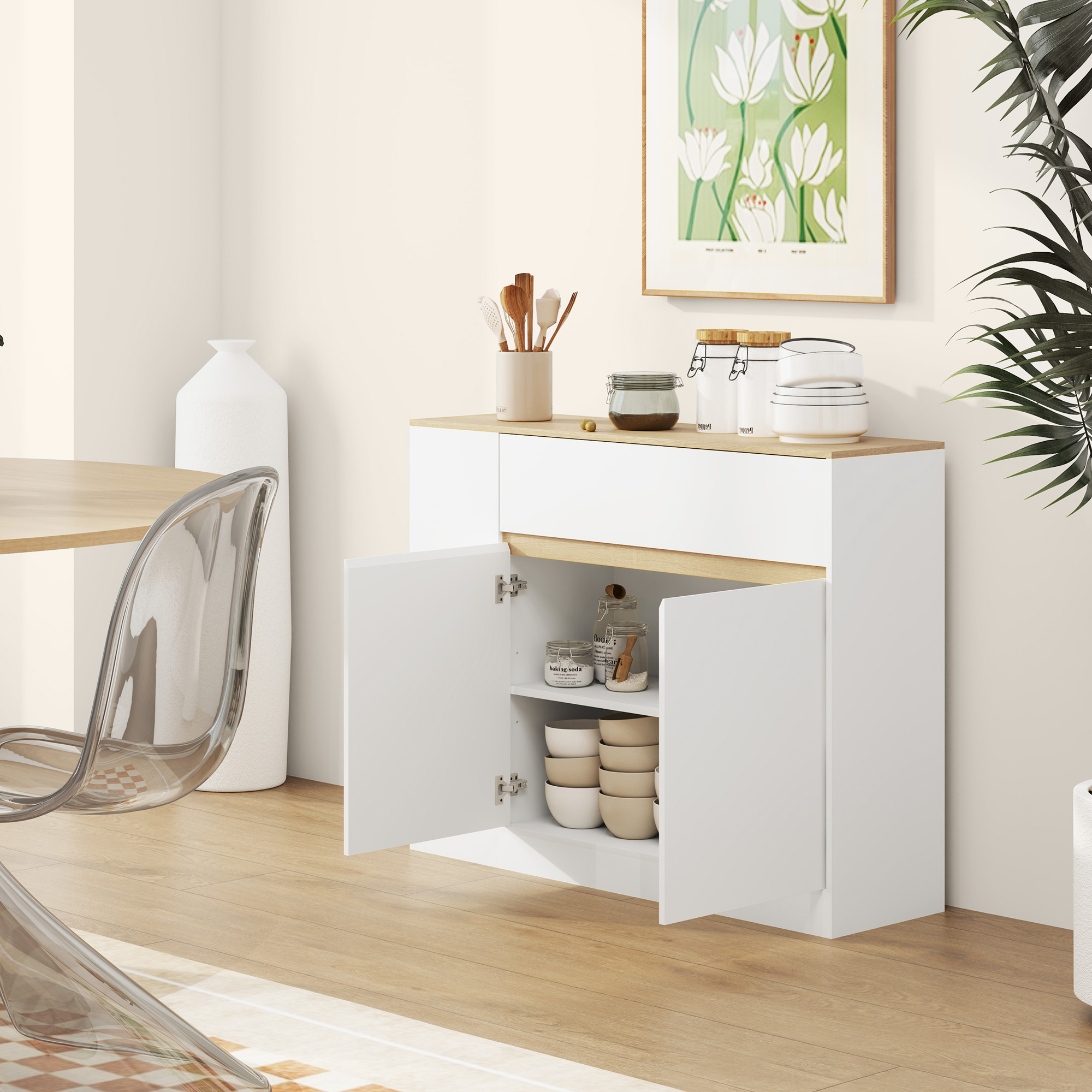 Sideboard, großes Schrankfach, 3 Ablagefächer, Schublade, 106 x 30 x 81,2cm, Weiß/Holz