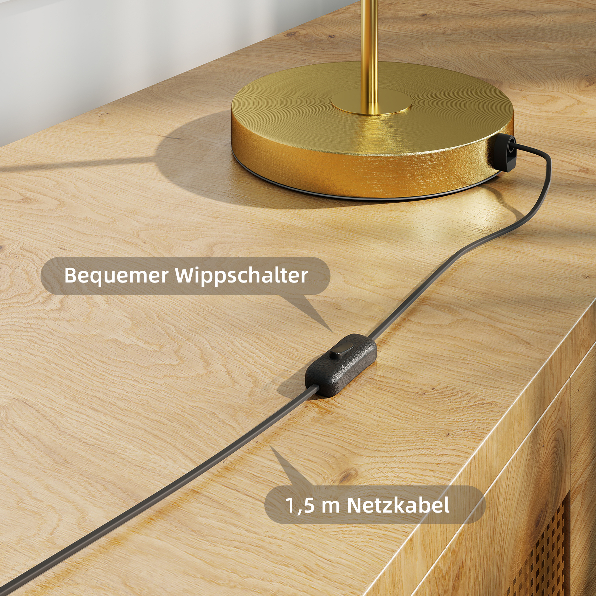 Tischlampe Tischleuchte mit warmem LED-Licht, Metallsockel, bernsteinfarbenem Glasschirm, Ø23 x 40H cm, Gold