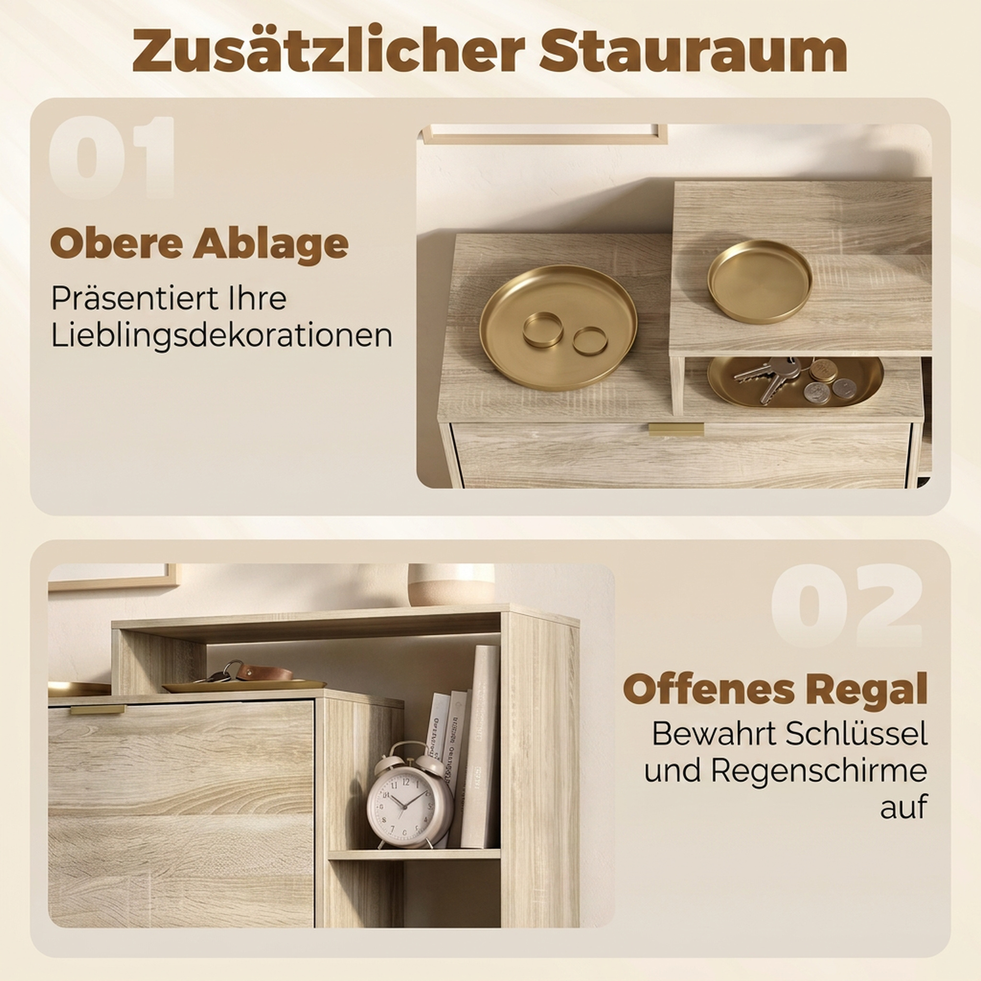 Schuhschrank mit verstellbaren Trennwänden, offenen Fächern und 3 Klappfächern, Naturholz