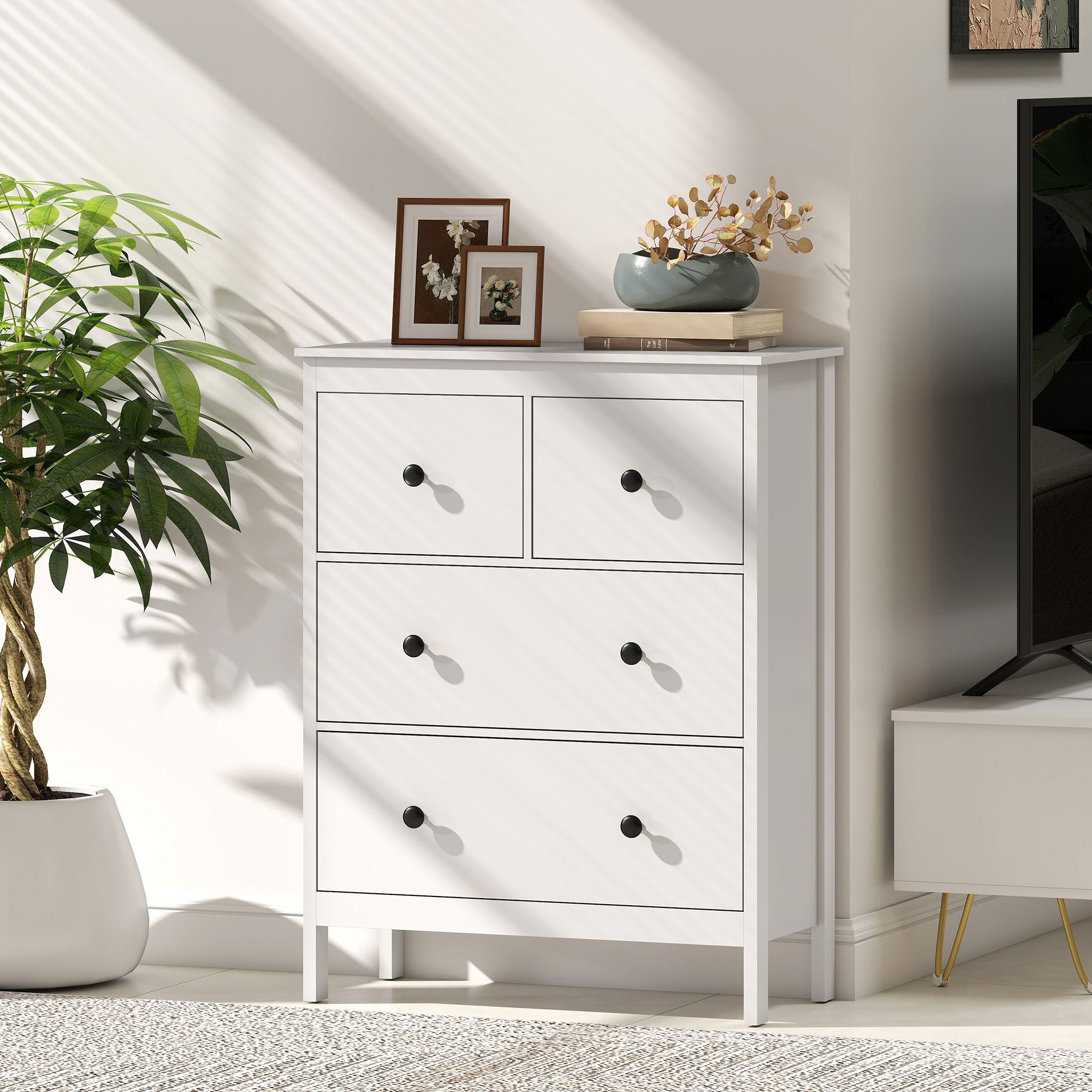 Kommode mit 4 Schubladen, für Kleidung & Bettwäsche, Wohnzimmer, Schlafzimmer, Flur, Spanplatte, Weiß