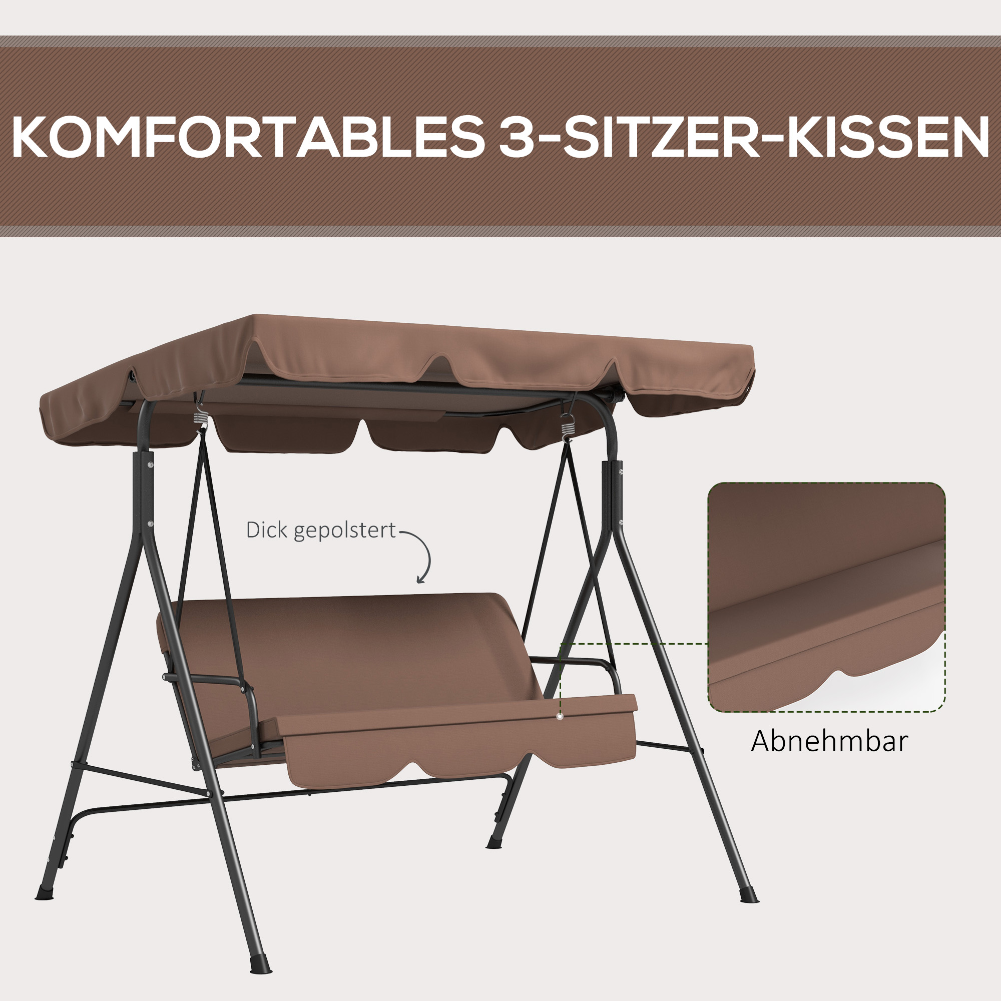 Hollywoodschaukel Gartenschaukel 3-Sitzer, wetterbeständig, verstellbares Dach, 172 x 110 x 153, Braun