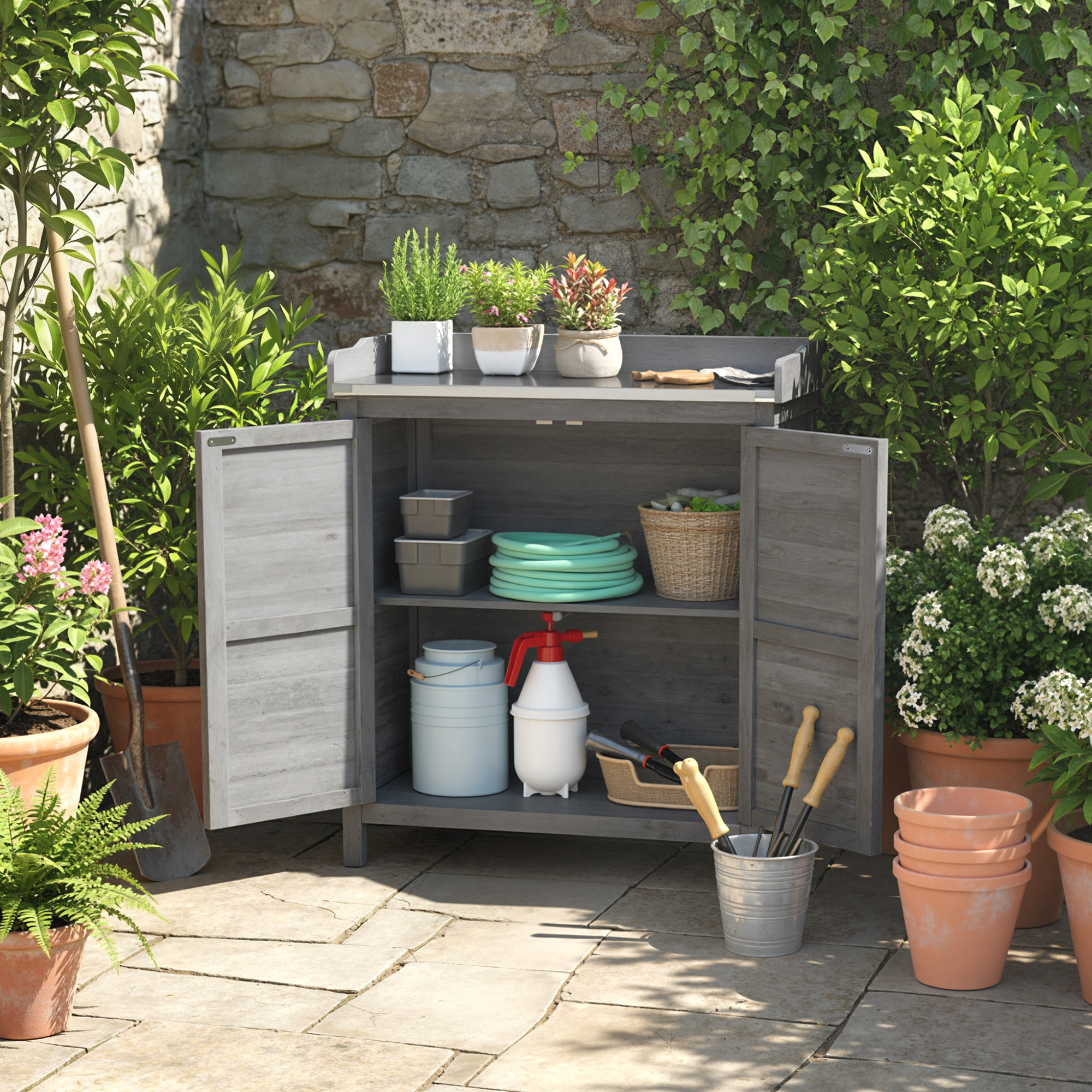 Gartenschrank mit Pflanztisch, Holz Geräteschuppen mit verzinkter Arbeitsplatte 2 Regalböden Grau