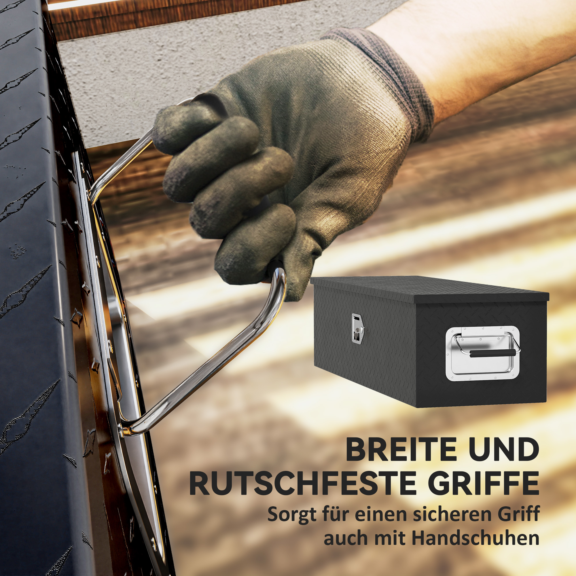 Stabile Aufbewahrungskiste aus Aluminium mit Seitengriffen, Schloss und Schlüsseln, Werkzeugkasten, 99 x 33 x 25,4 cm